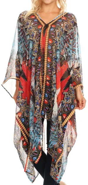 Sakkas Livi  Women's V Neck Beach Dress Cover up Caftan Top Loose with Rhinestone