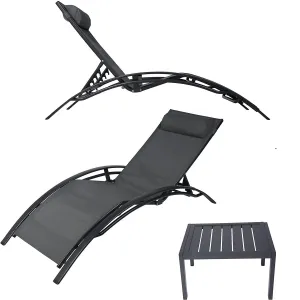 Set of 2 Chaise Lounge Chair w/Tea Table, Aluminum Patio Lounge Chair Reclining 4 Adjustable Back Position w/Removable Cushions