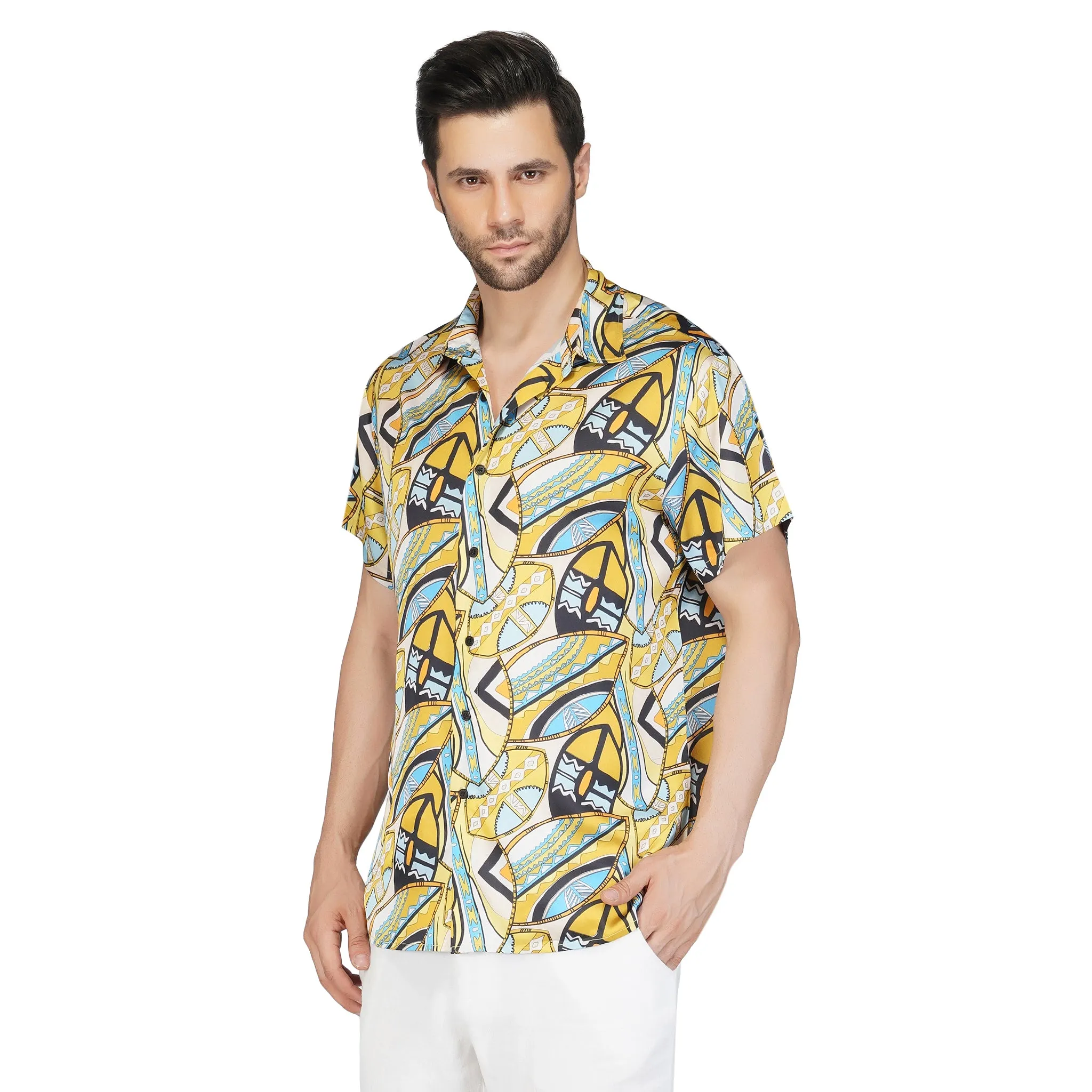 SLAY. Men's Abstract Print Designer Satin Resort Shirt