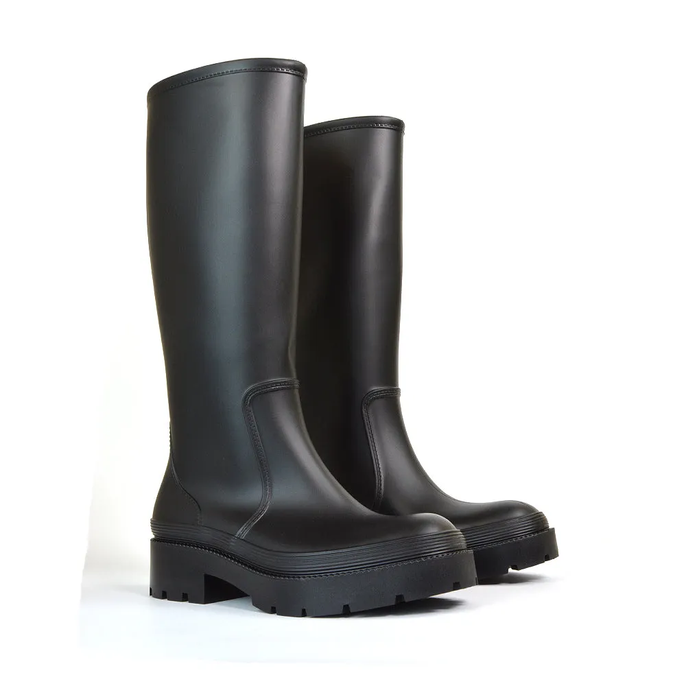 Sonny Flat Chunky Knee High Wellington Boots in Black