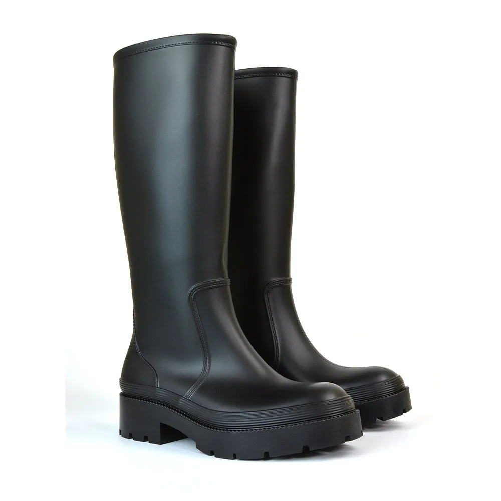 Sonny Flat Chunky Knee High Wellington Boots in Black