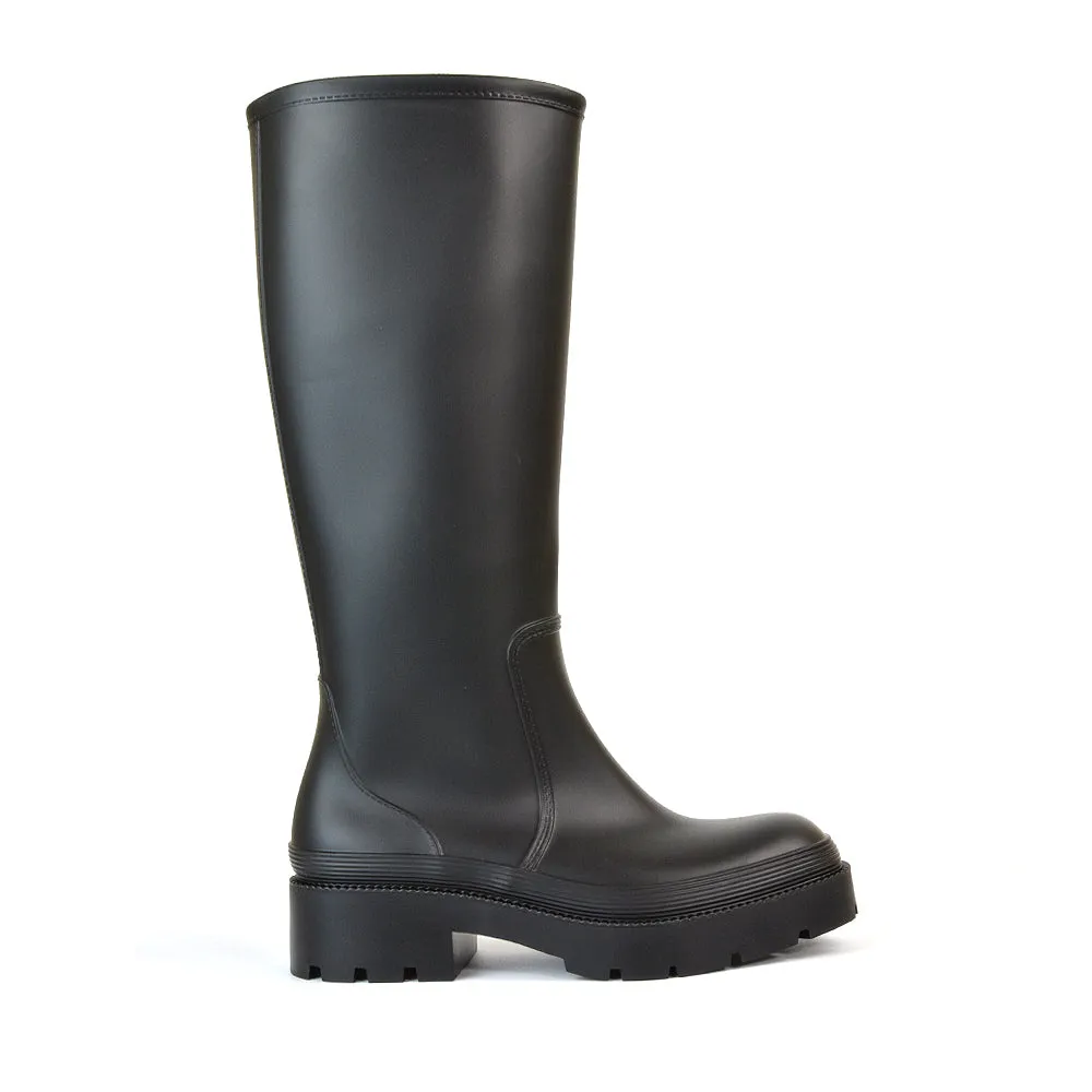 Sonny Flat Chunky Knee High Wellington Boots in Black