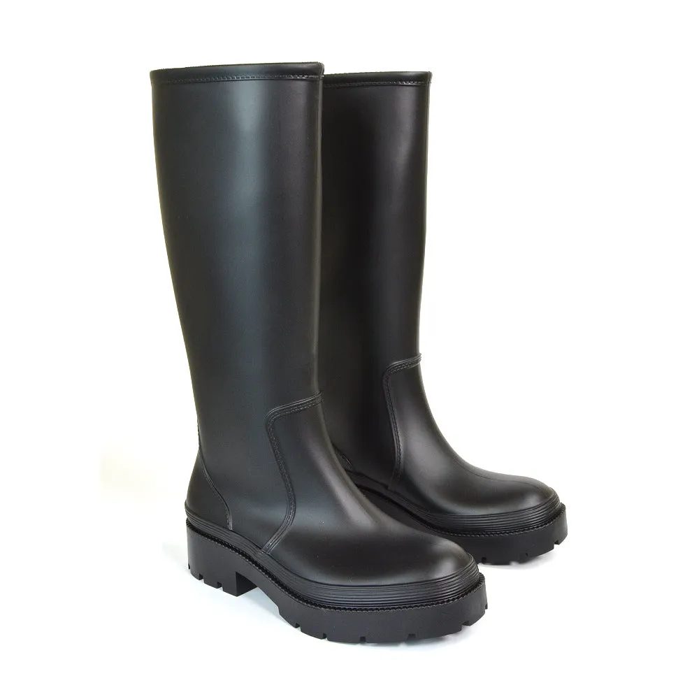 Sonny Flat Chunky Knee High Wellington Boots in Black