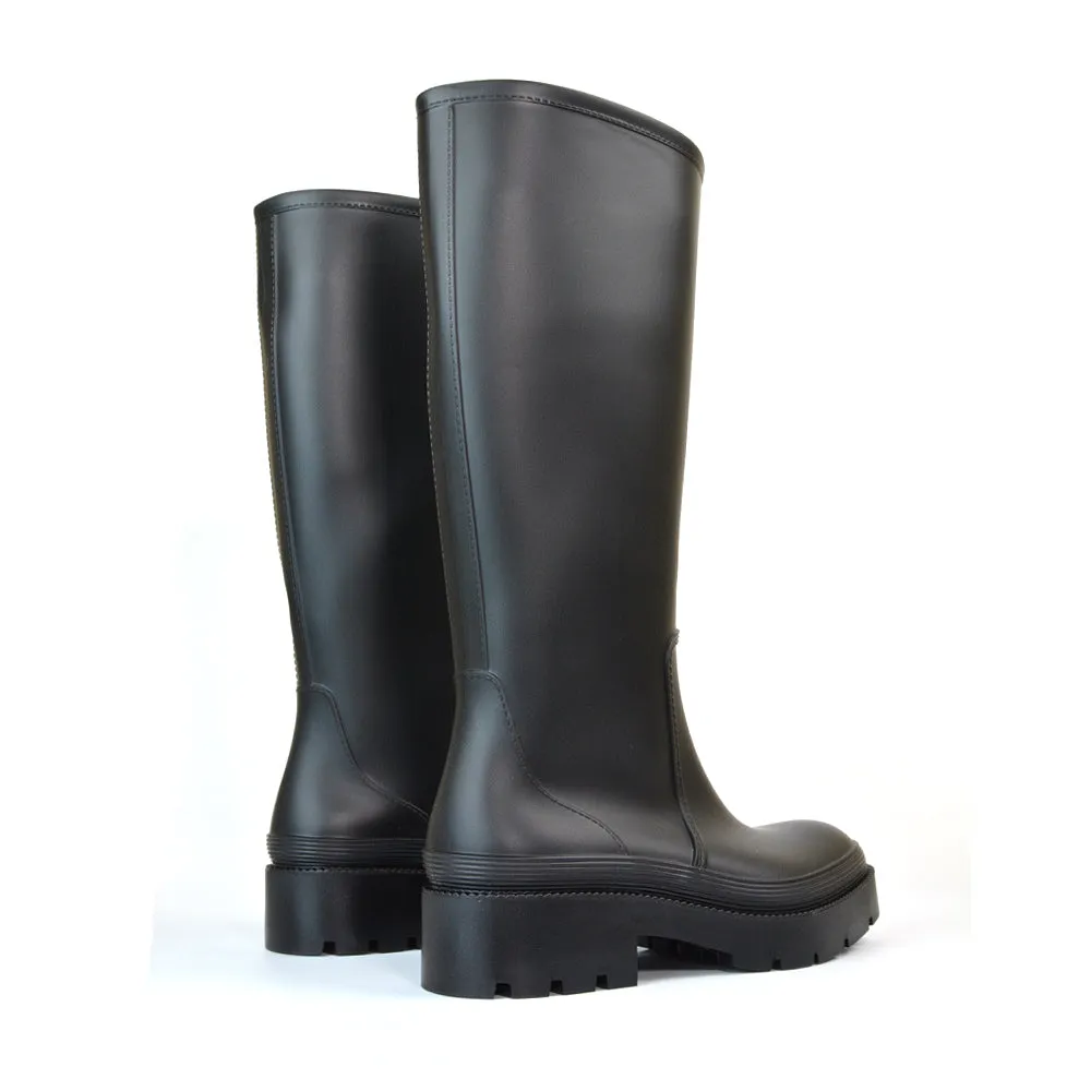 Sonny Flat Chunky Knee High Wellington Boots in Black