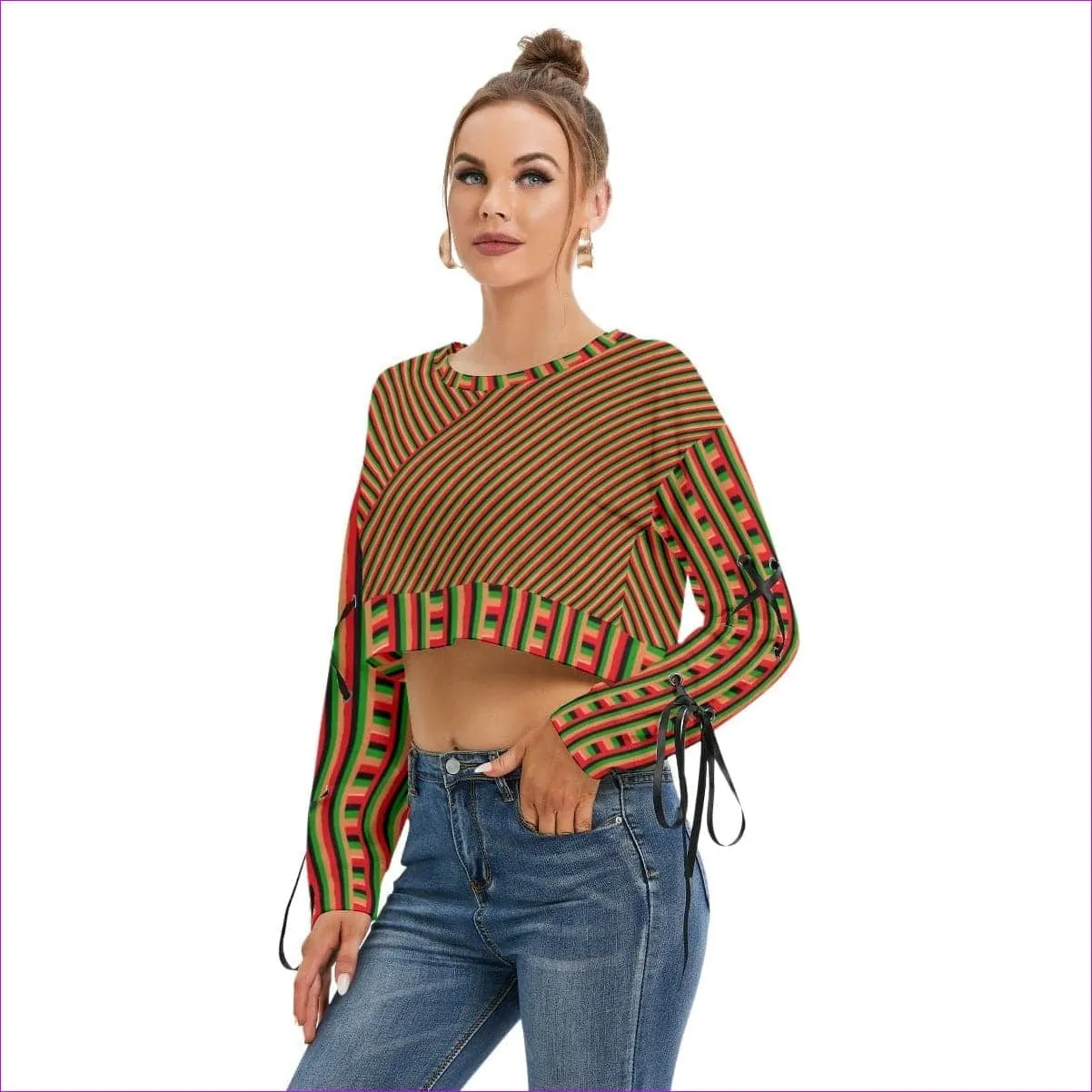 Striped Galore Women's Long Sleeve Cropped Sweatshirt With Lace up Sleeve