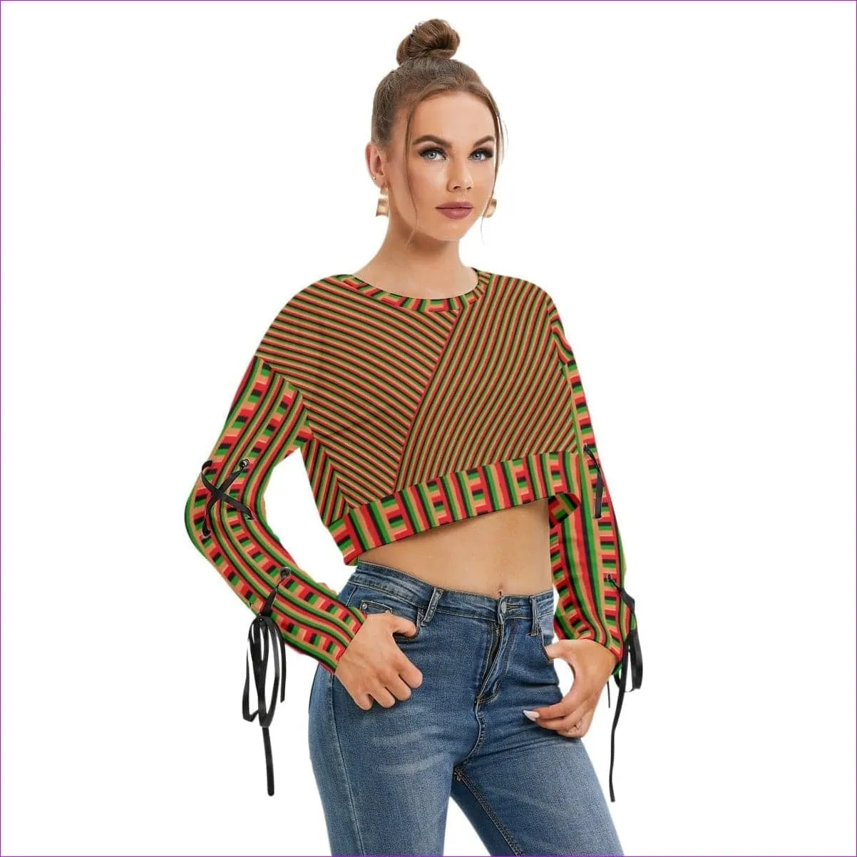 Striped Galore Women's Long Sleeve Cropped Sweatshirt With Lace up Sleeve