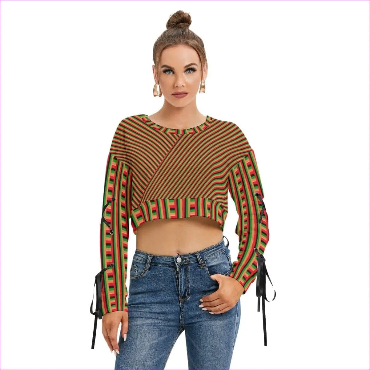 Striped Galore Women's Long Sleeve Cropped Sweatshirt With Lace up Sleeve