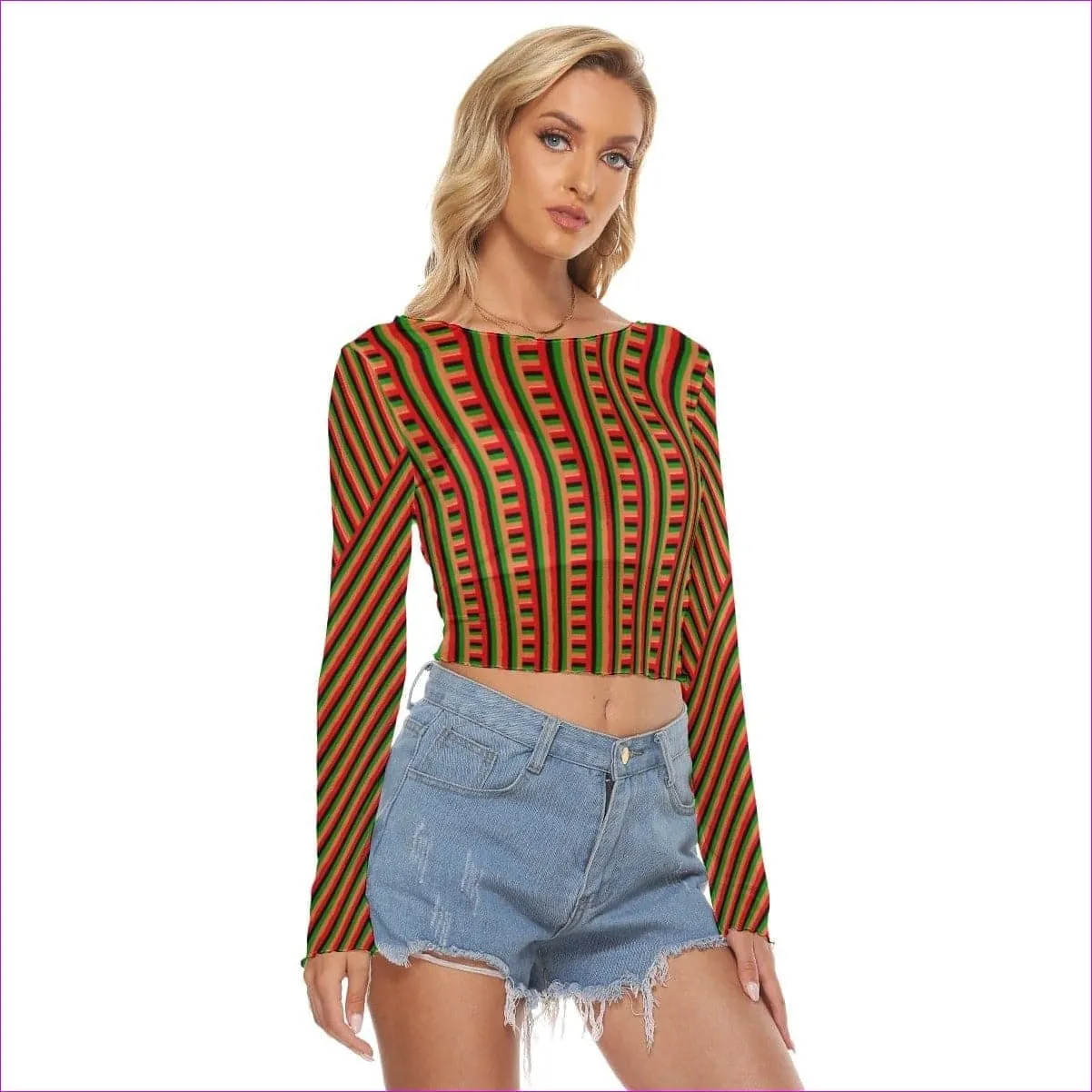 Striped Galore Women's Sheer Mesh Long Sleeve Top