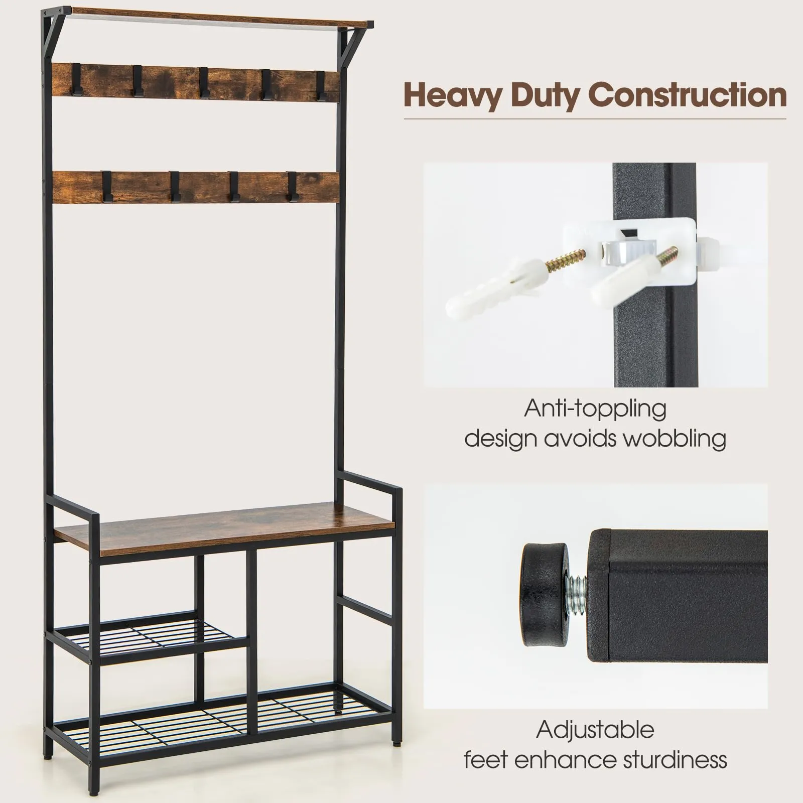 Tangkula Hall Tree with Bench and Shoe Storage, 3-in-1 Industrial Entryway Bench with Coat Rack