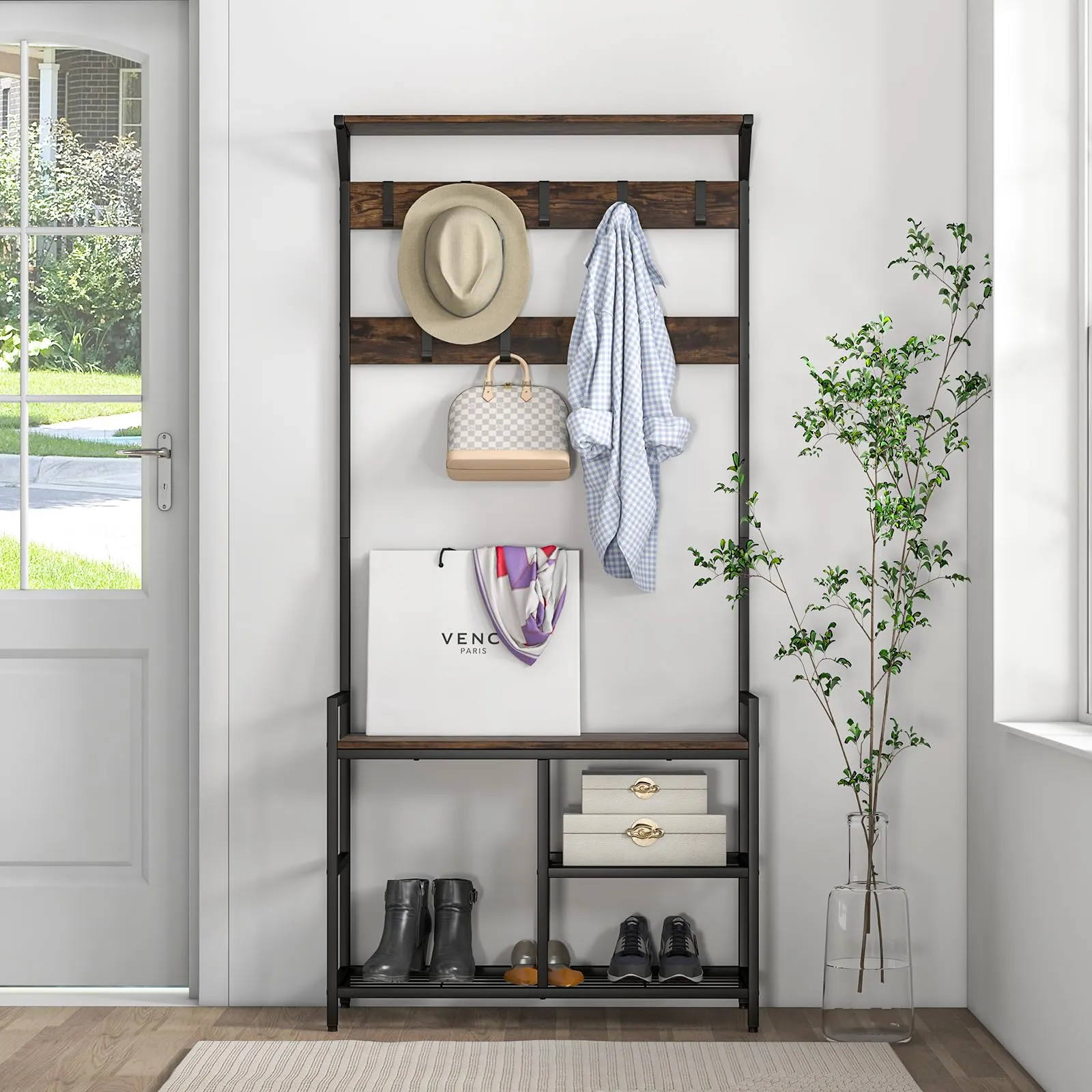 Tangkula Hall Tree with Bench and Shoe Storage, 3-in-1 Industrial Entryway Bench with Coat Rack