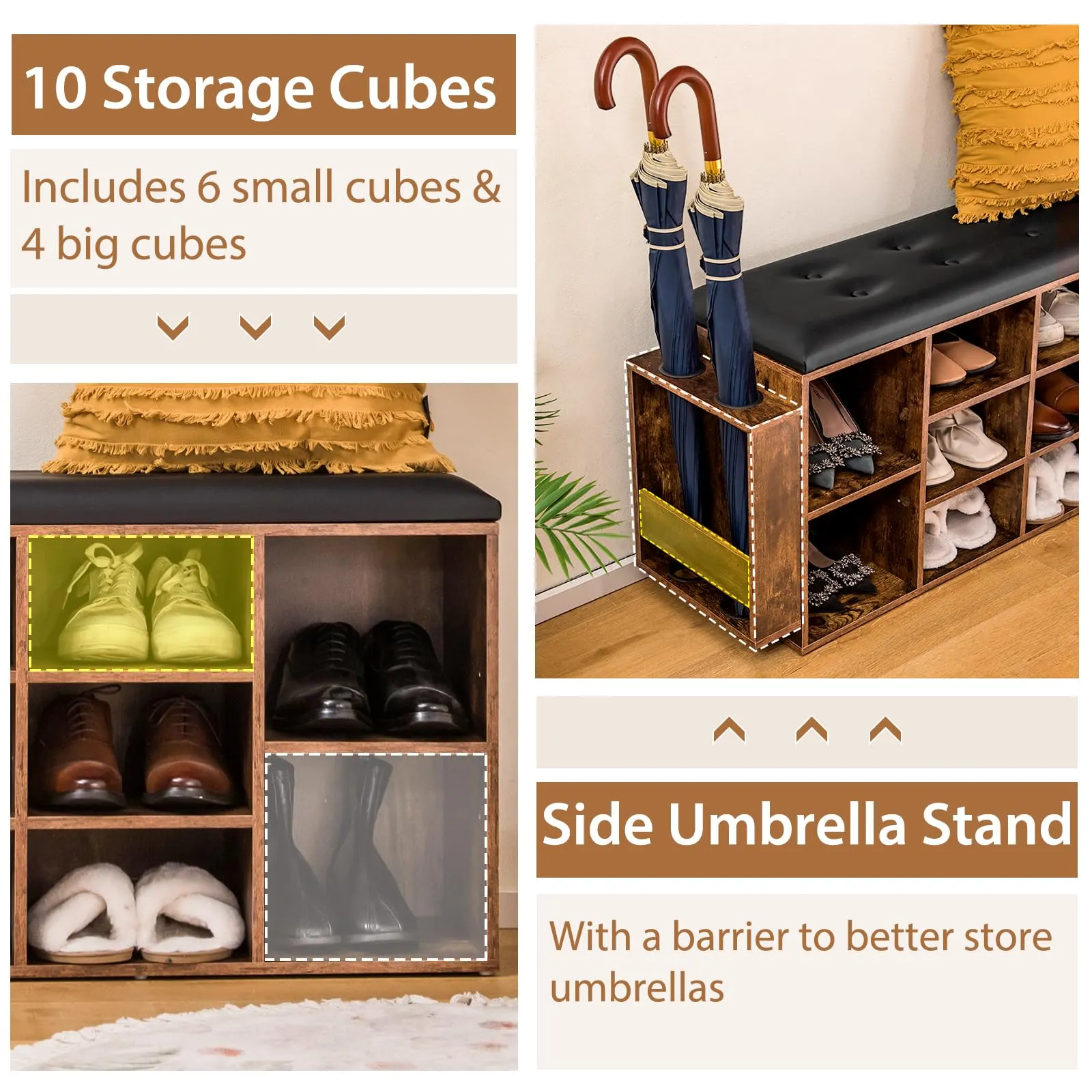 Tangkula Shoe Storage Bench with Umbrella Stand, 10-Cube Entryway Bench