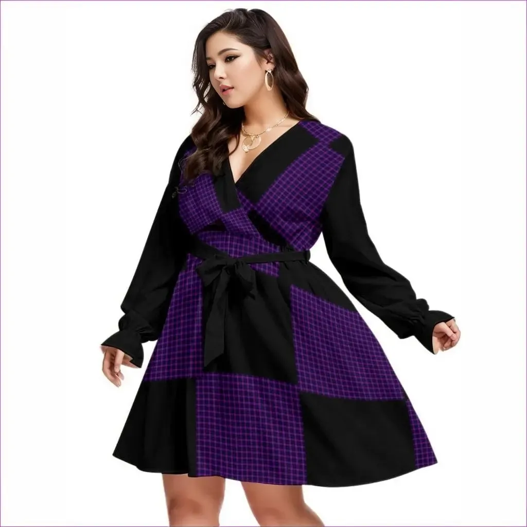 Tartan 2 Women's V-neck Dress With Waistband Volutpuous ( ) Plus Size