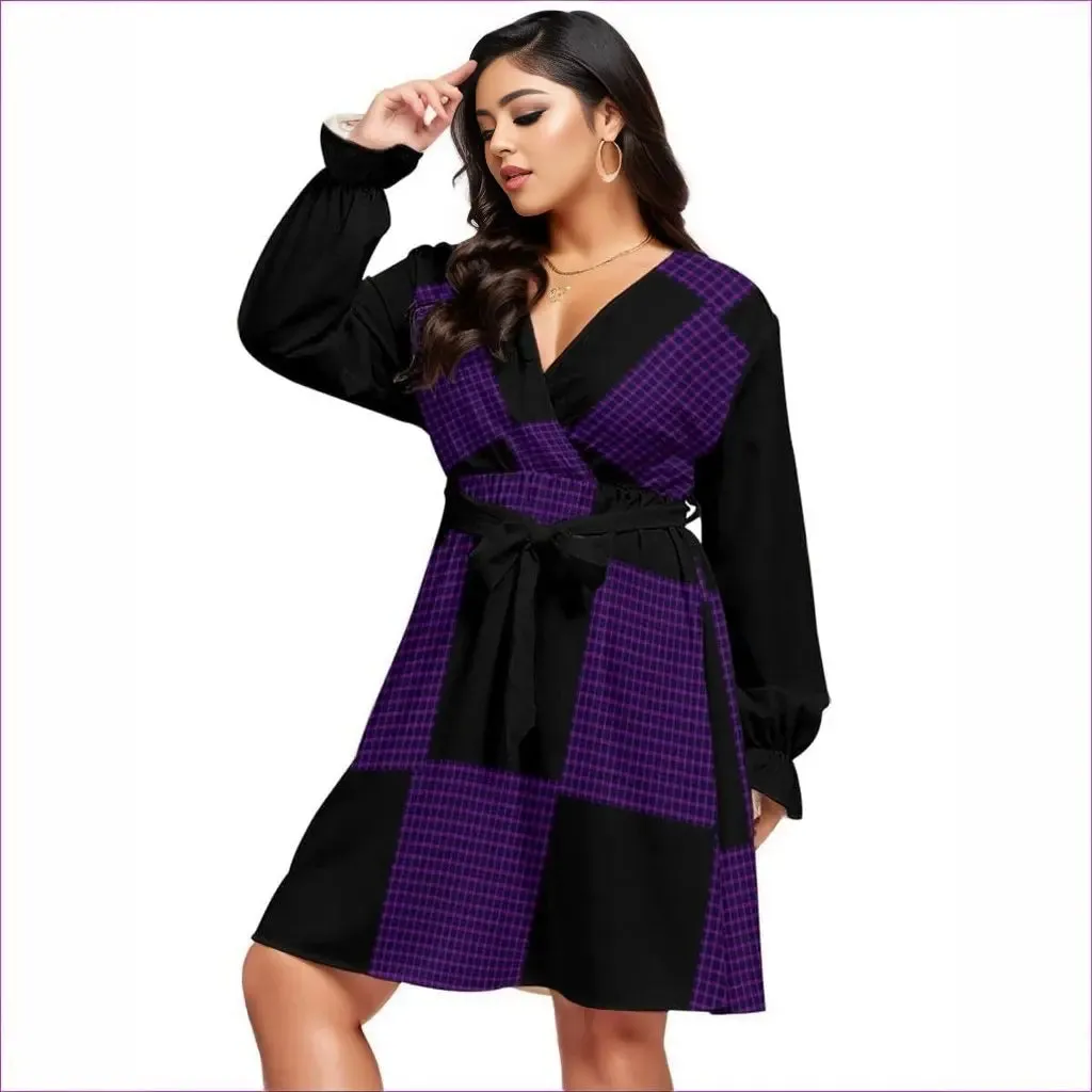 Tartan 2 Women's V-neck Dress With Waistband Volutpuous ( ) Plus Size