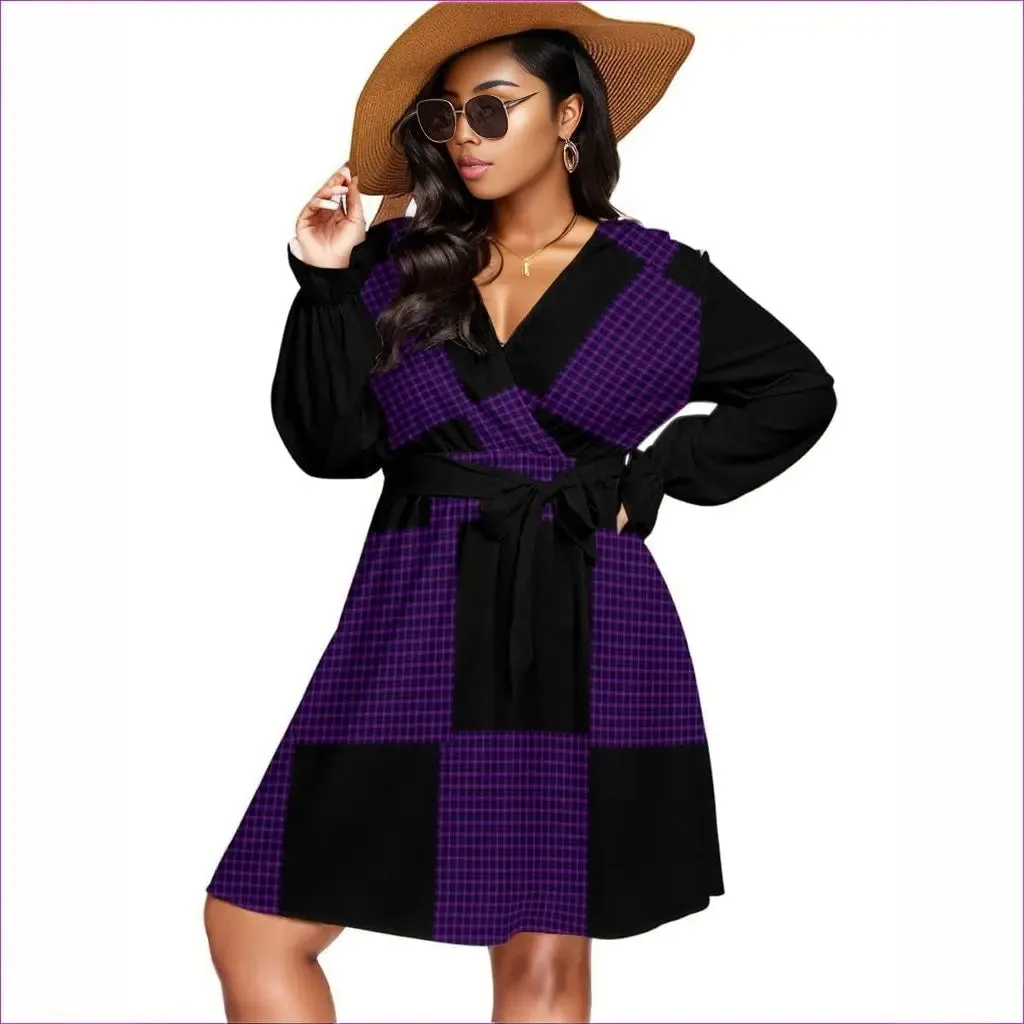 Tartan 2 Women's V-neck Dress With Waistband Volutpuous ( ) Plus Size