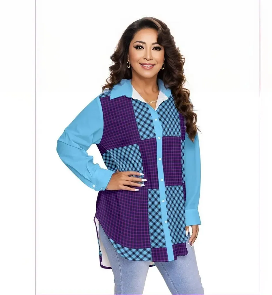 Tartan Women's Button-Up With Long Sleeve Voluptuous ( ) Plus Size