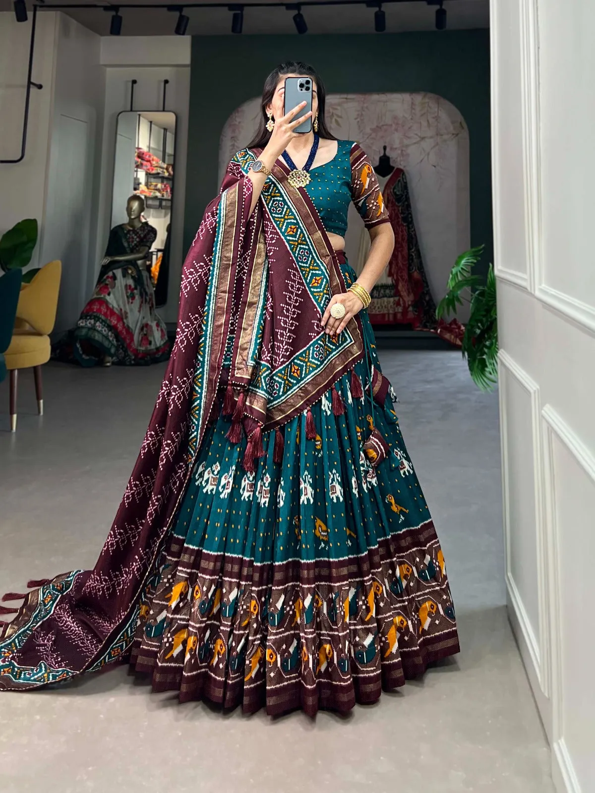 Teal Tussar Silk Lehenga Choli with Enchanting Ikat Patola Print and Foil Work