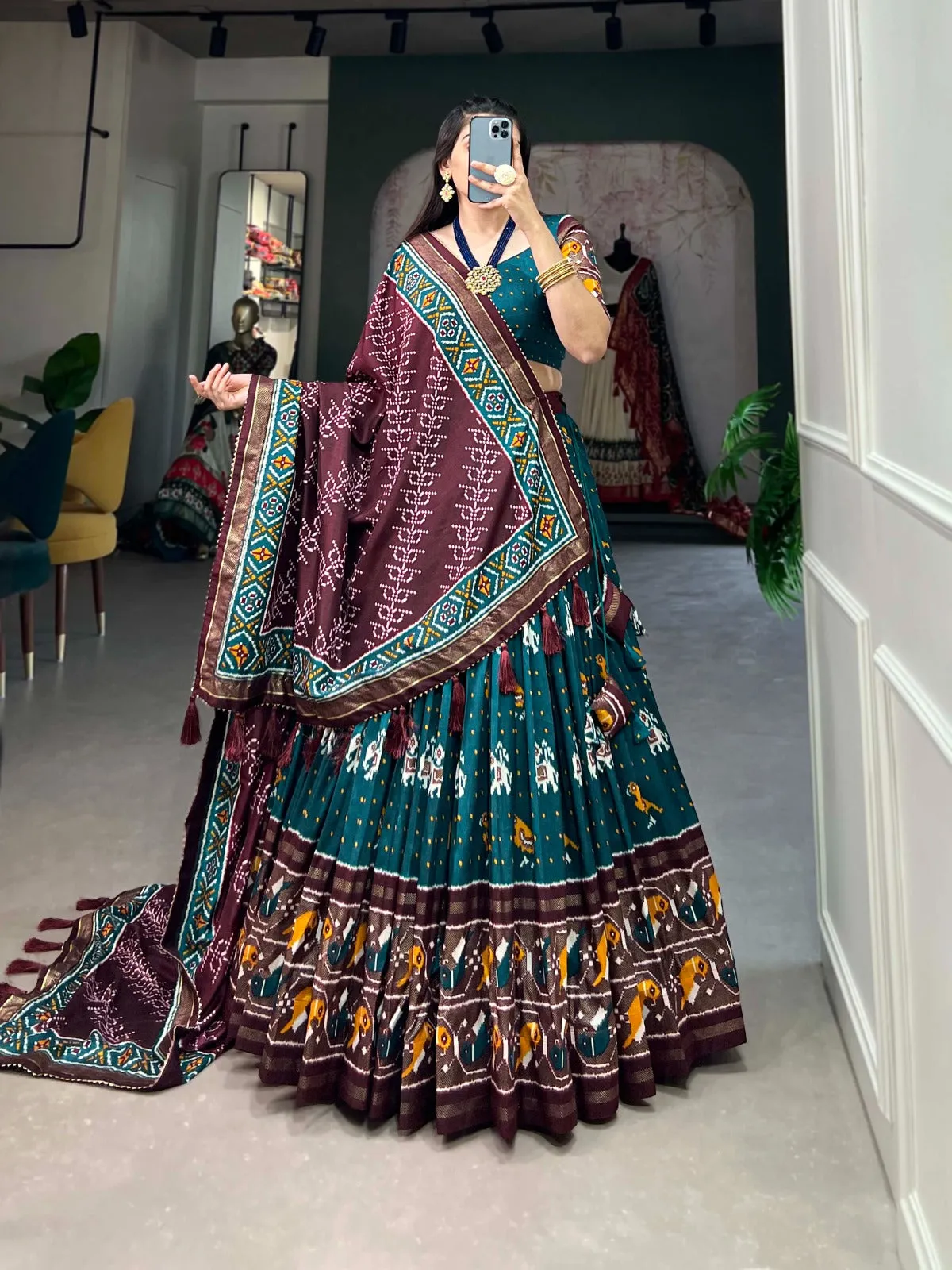 Teal Tussar Silk Lehenga Choli with Enchanting Ikat Patola Print and Foil Work