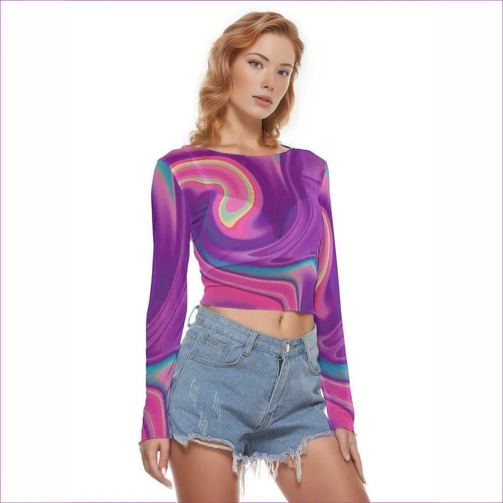 Tie-Dye Lady's Sheer Mesh Long Sleeve Crop Top