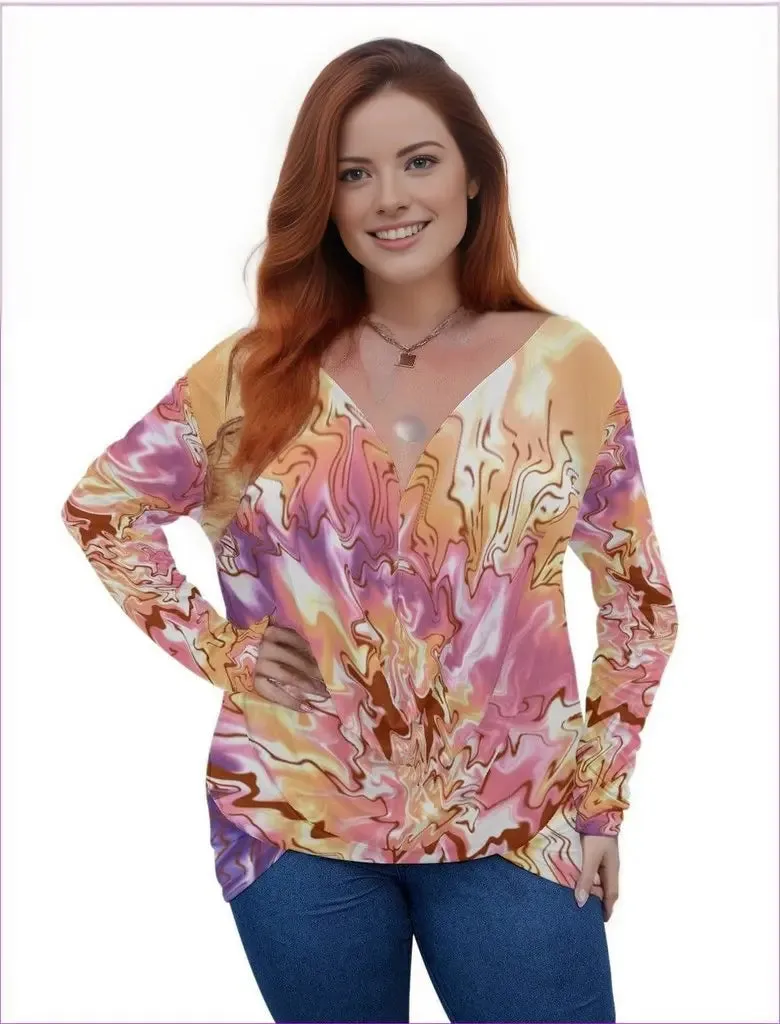 Tie-Dye Women's V-neck Plus Draped Longline Top With Long Sleeve Voluptuous ( ) Plus Size