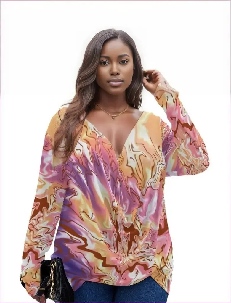 Tie-Dye Women's V-neck Plus Draped Longline Top With Long Sleeve Voluptuous ( ) Plus Size