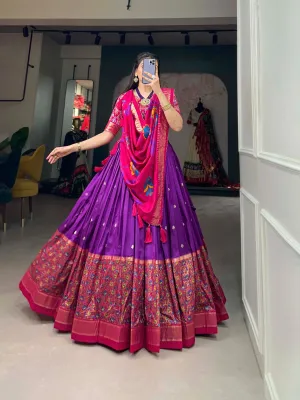 Tussar Silk Purple Lehenga Choli Set: Printed Elegance with Foil Work