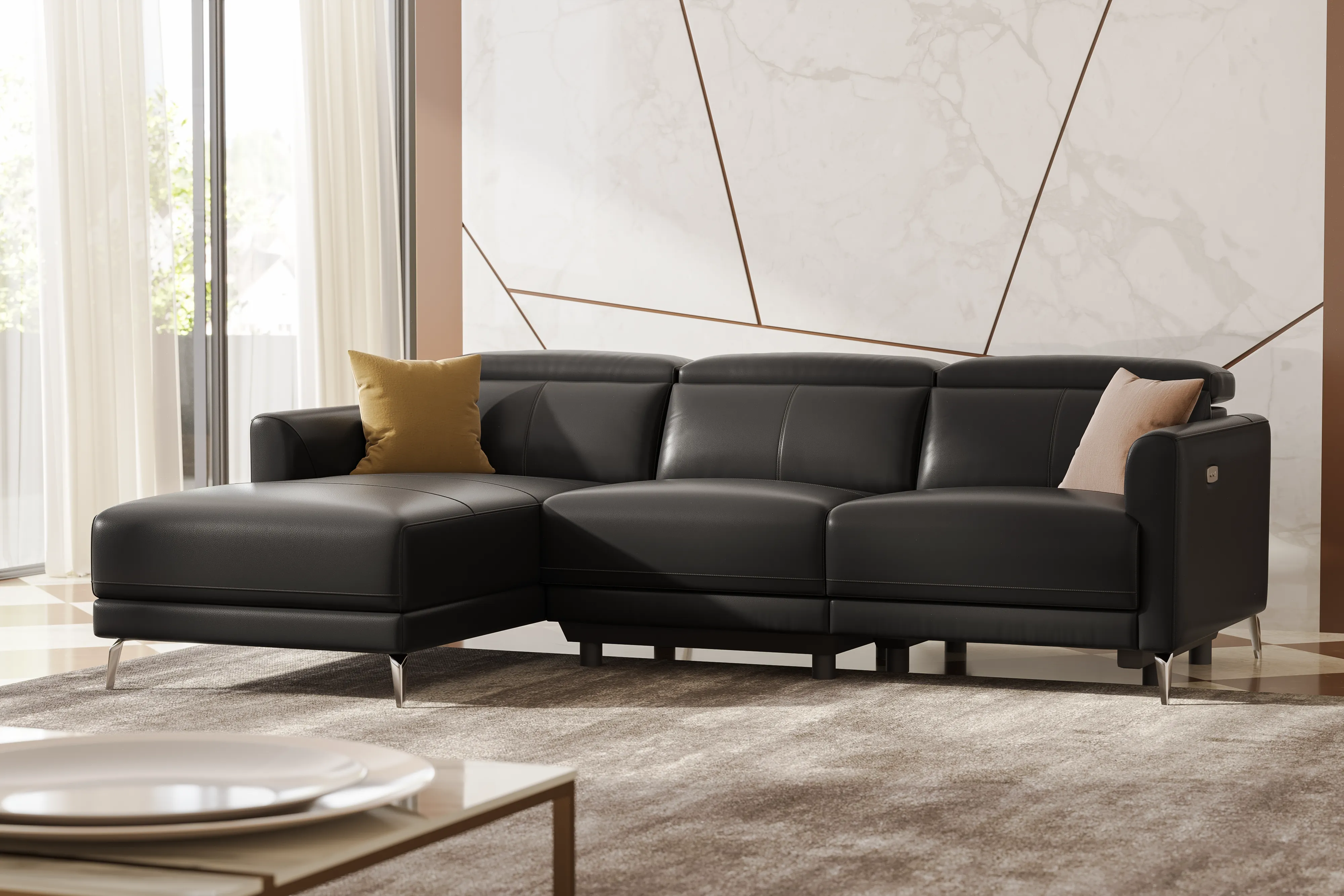 Valencia Andria Modern Left Hand Facing Top Grain Leather Reclining Sectional Sofa, Black Color