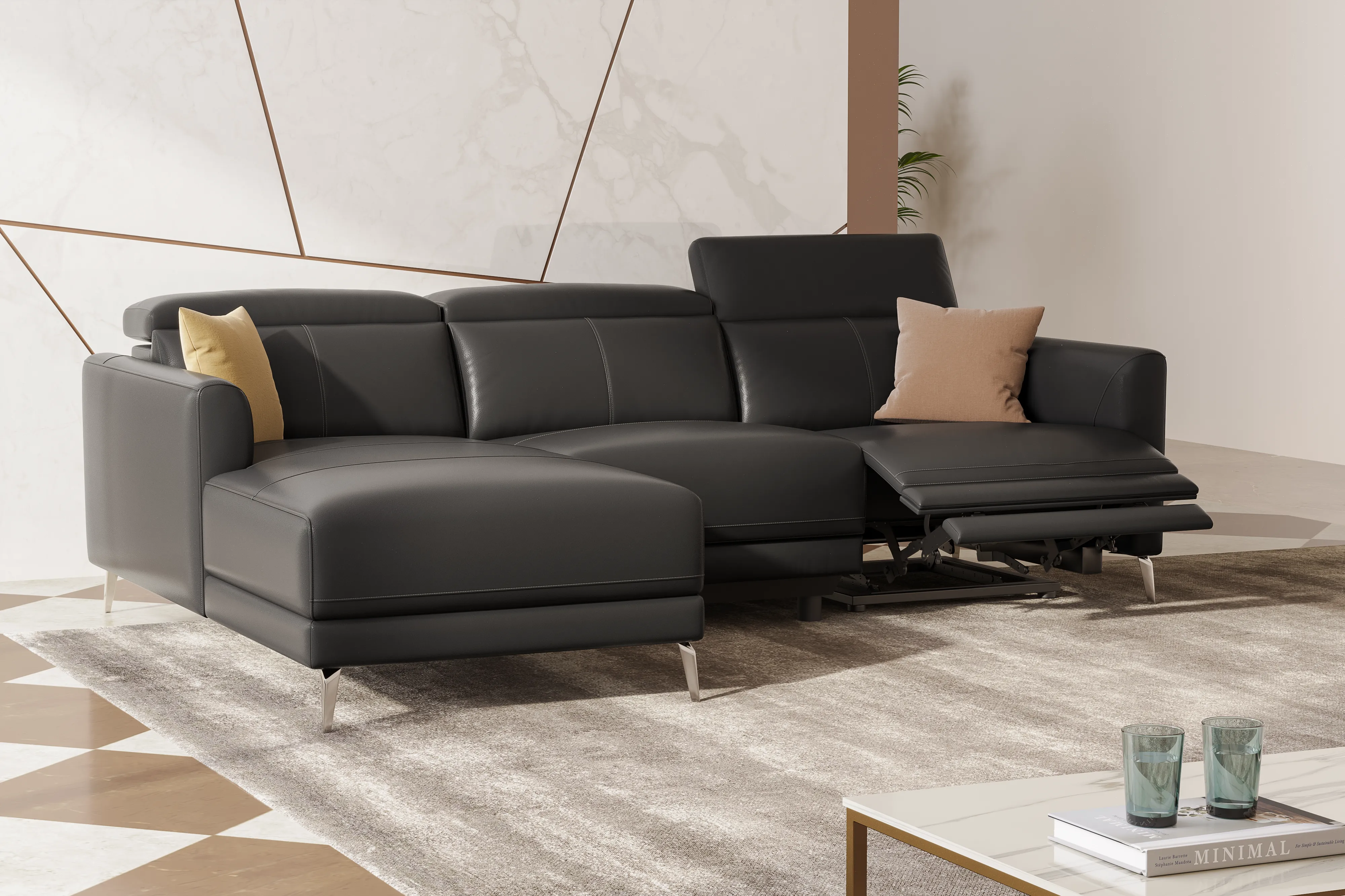 Valencia Andria Modern Left Hand Facing Top Grain Leather Reclining Sectional Sofa, Black Color