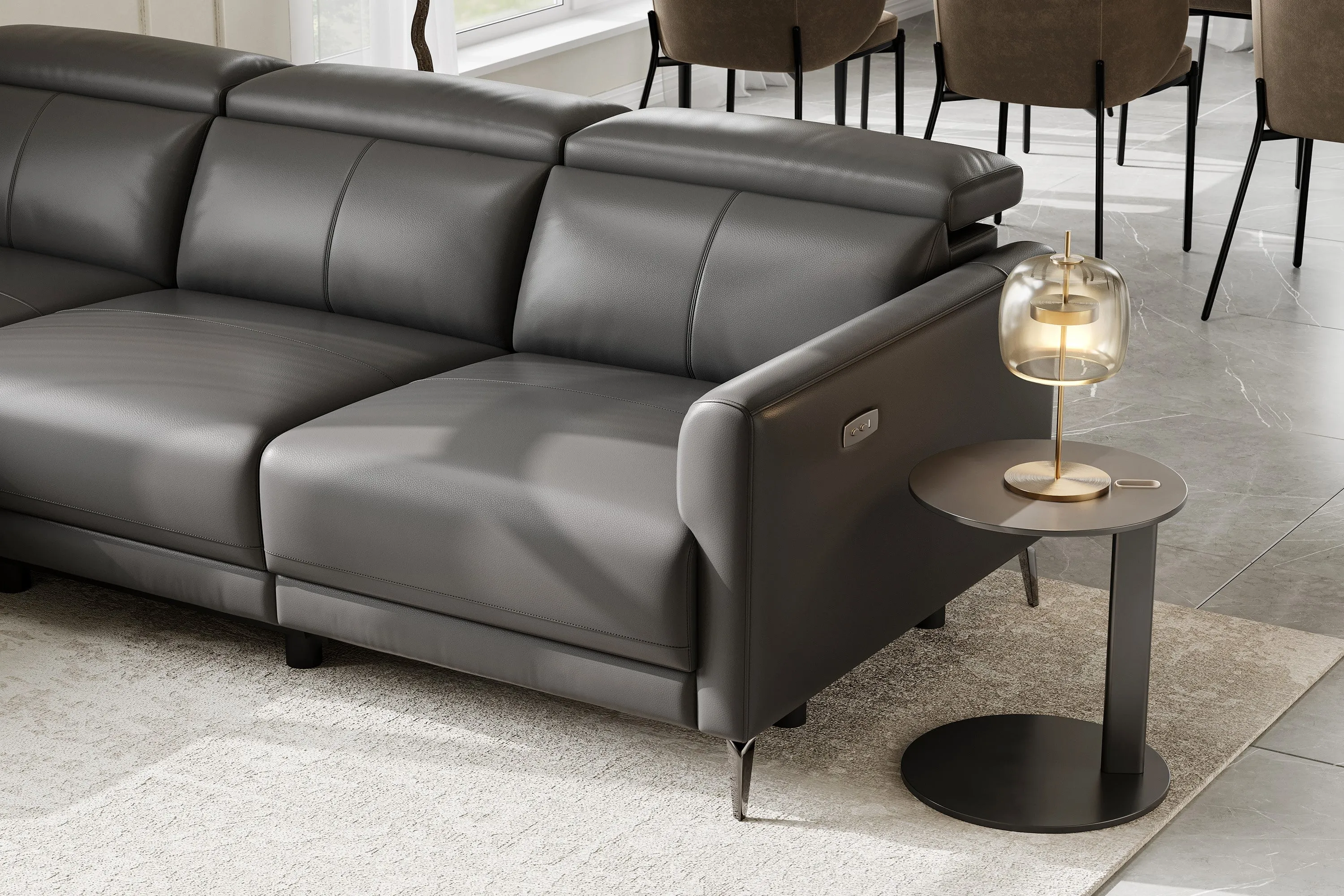 Valencia Andria Modern Left Hand Facing Top Grain Leather Reclining Sectional Sofa, Grey Color