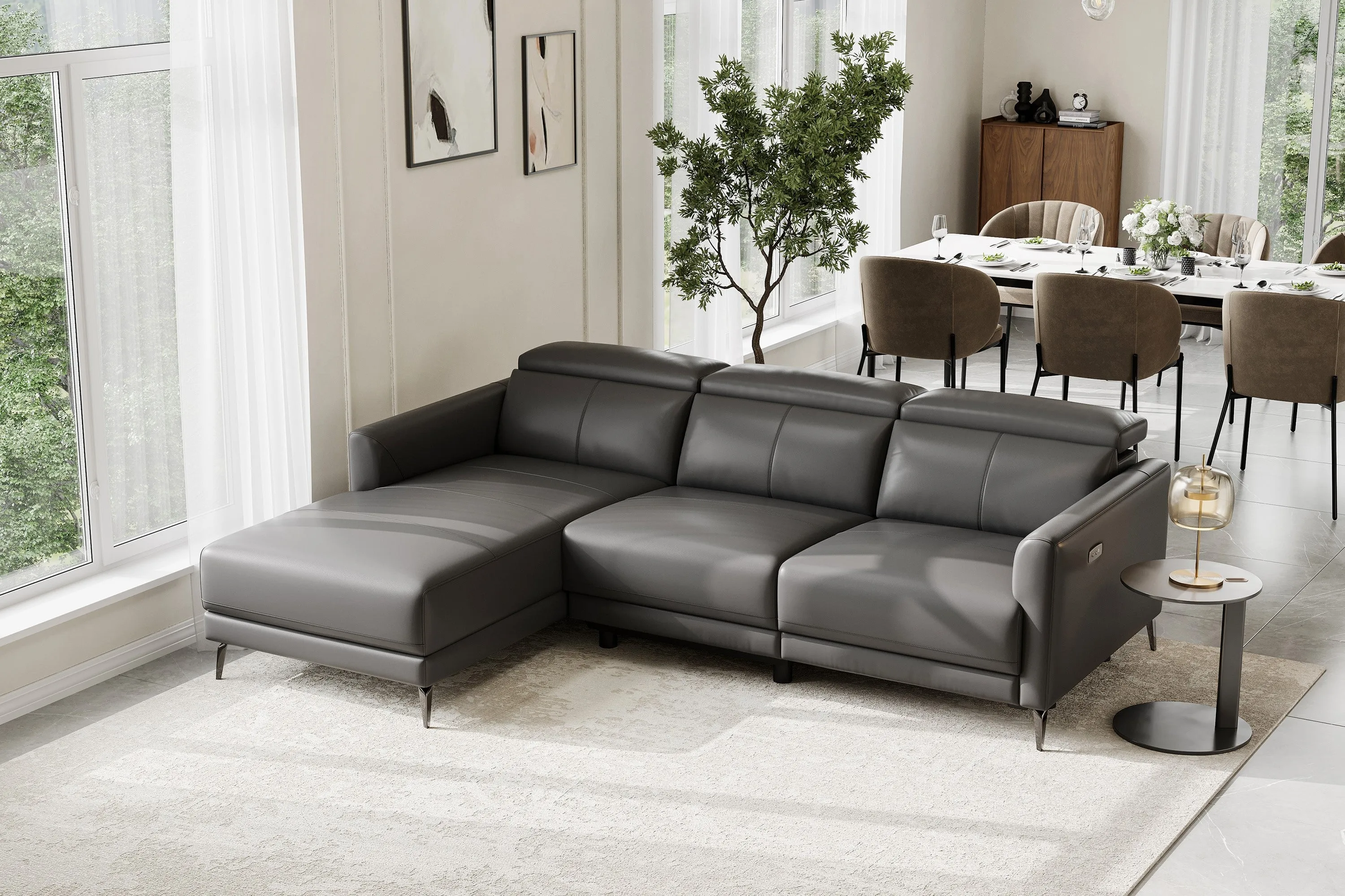 Valencia Andria Modern Left Hand Facing Top Grain Leather Reclining Sectional Sofa, Grey Color