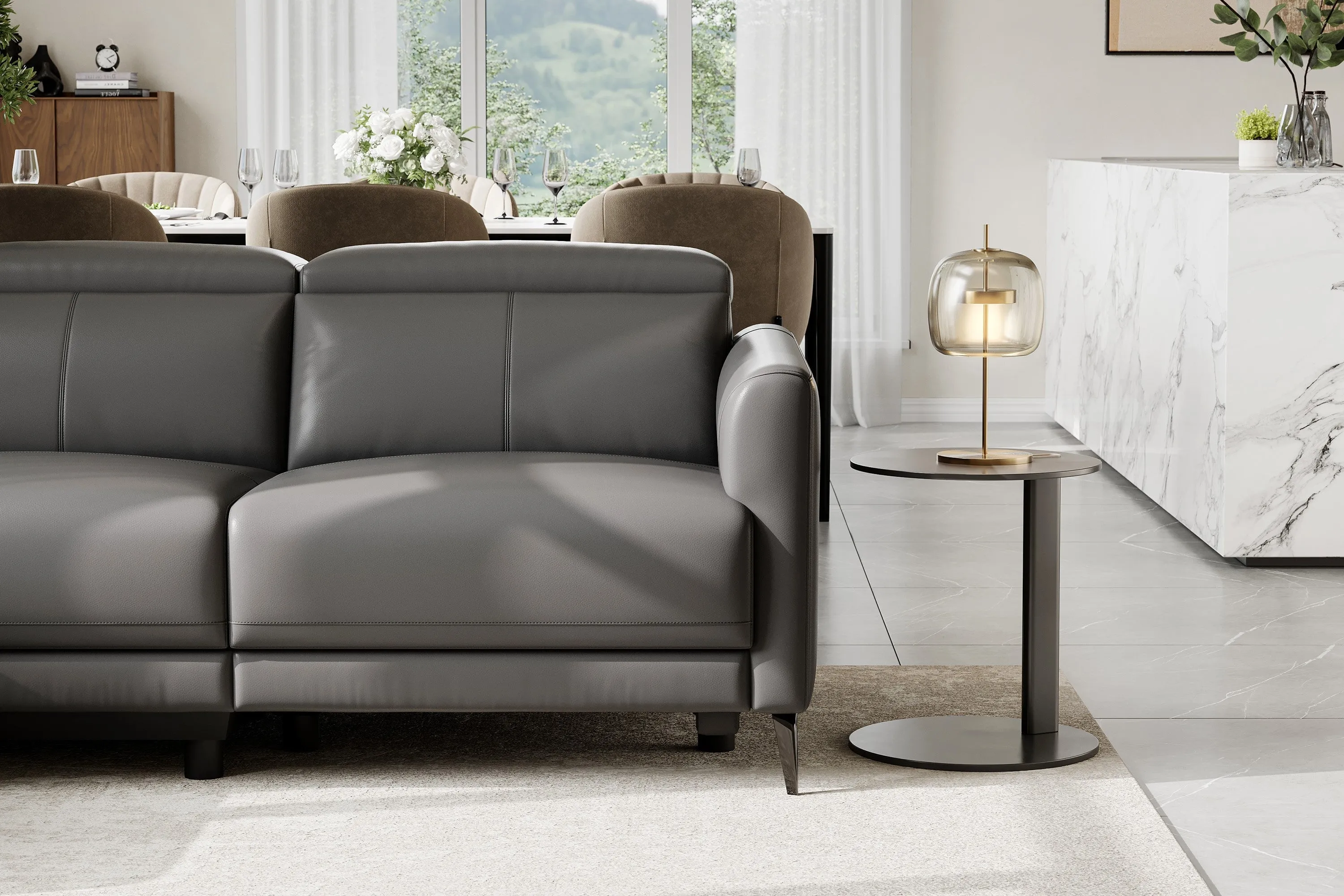 Valencia Andria Modern Left Hand Facing Top Grain Leather Reclining Sectional Sofa, Grey Color