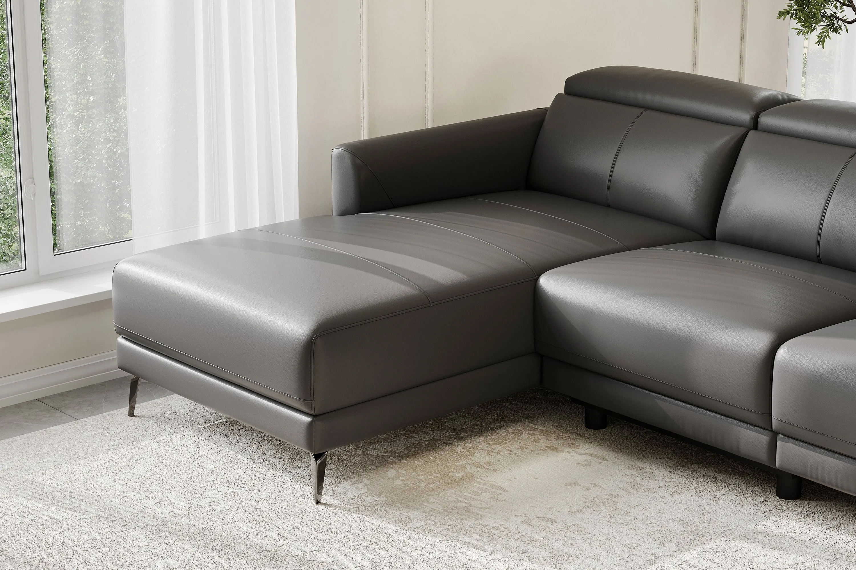 Valencia Andria Modern Left Hand Facing Top Grain Leather Reclining Sectional Sofa, Grey Color