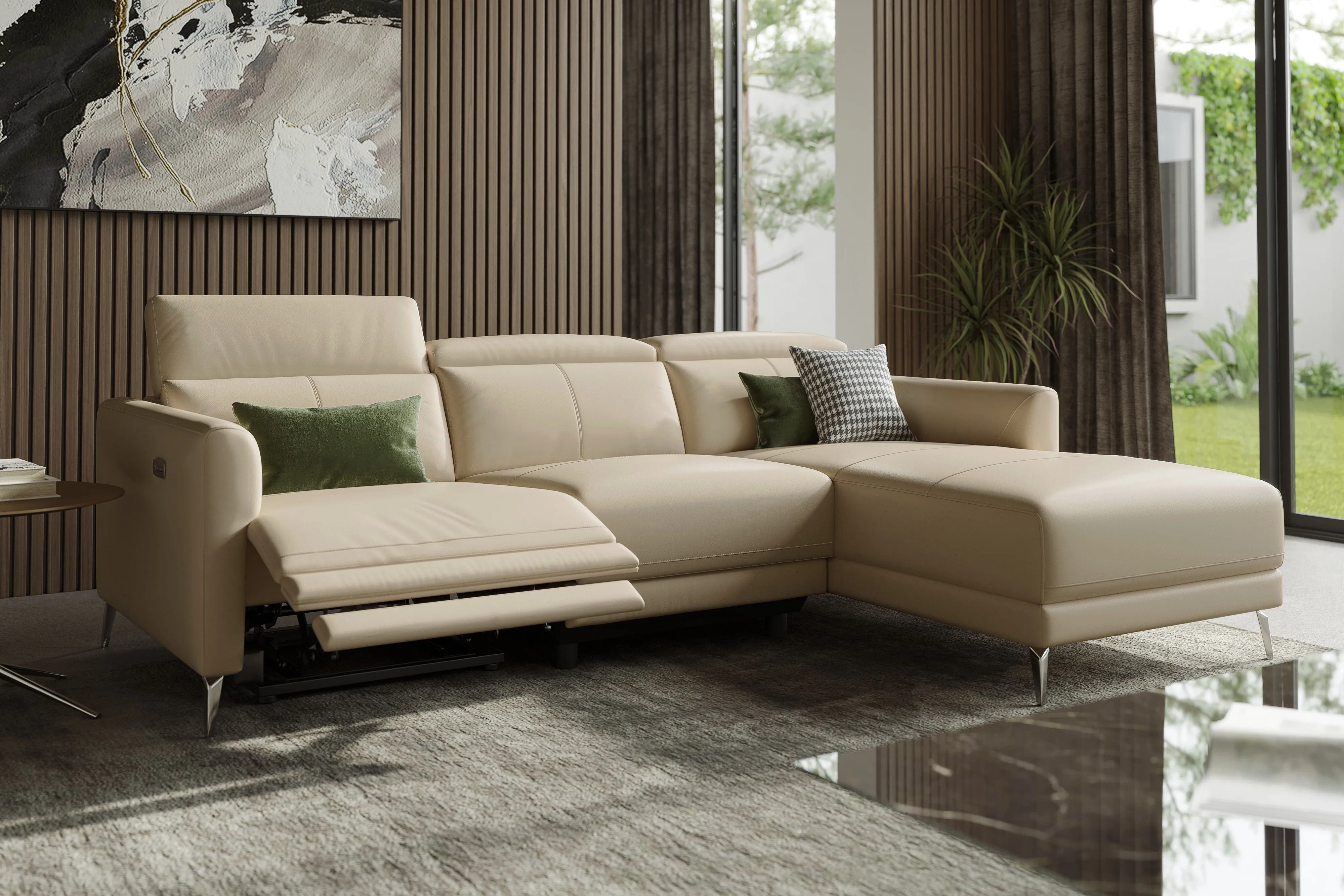 Valencia Andria Modern Right Hand Facing Top Grain Leather Reclining Sectional Sofa, Beige Color