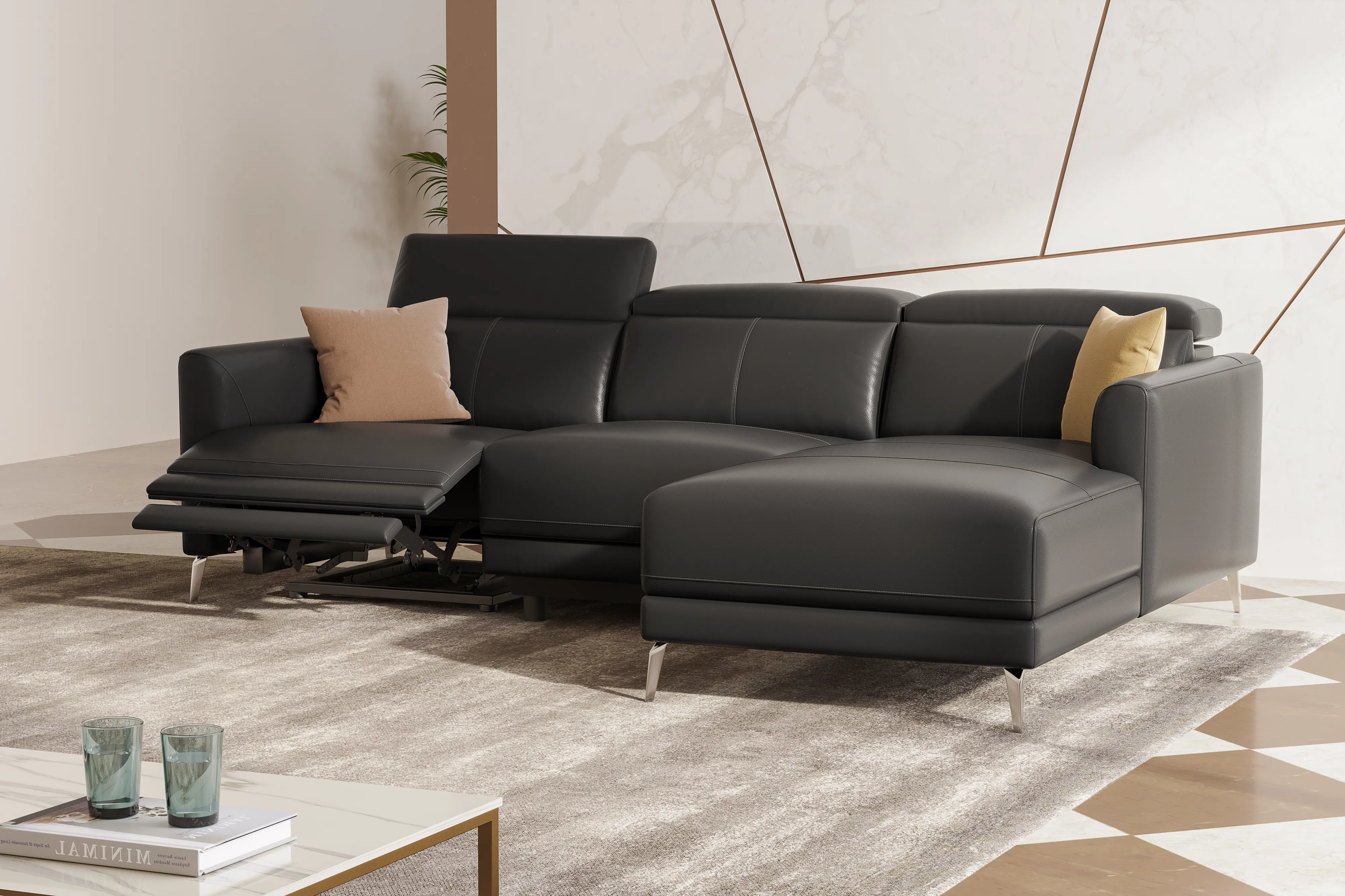 Valencia Andria Modern Right Hand Facing Top Grain Leather Reclining Sectional Sofa, Black Color