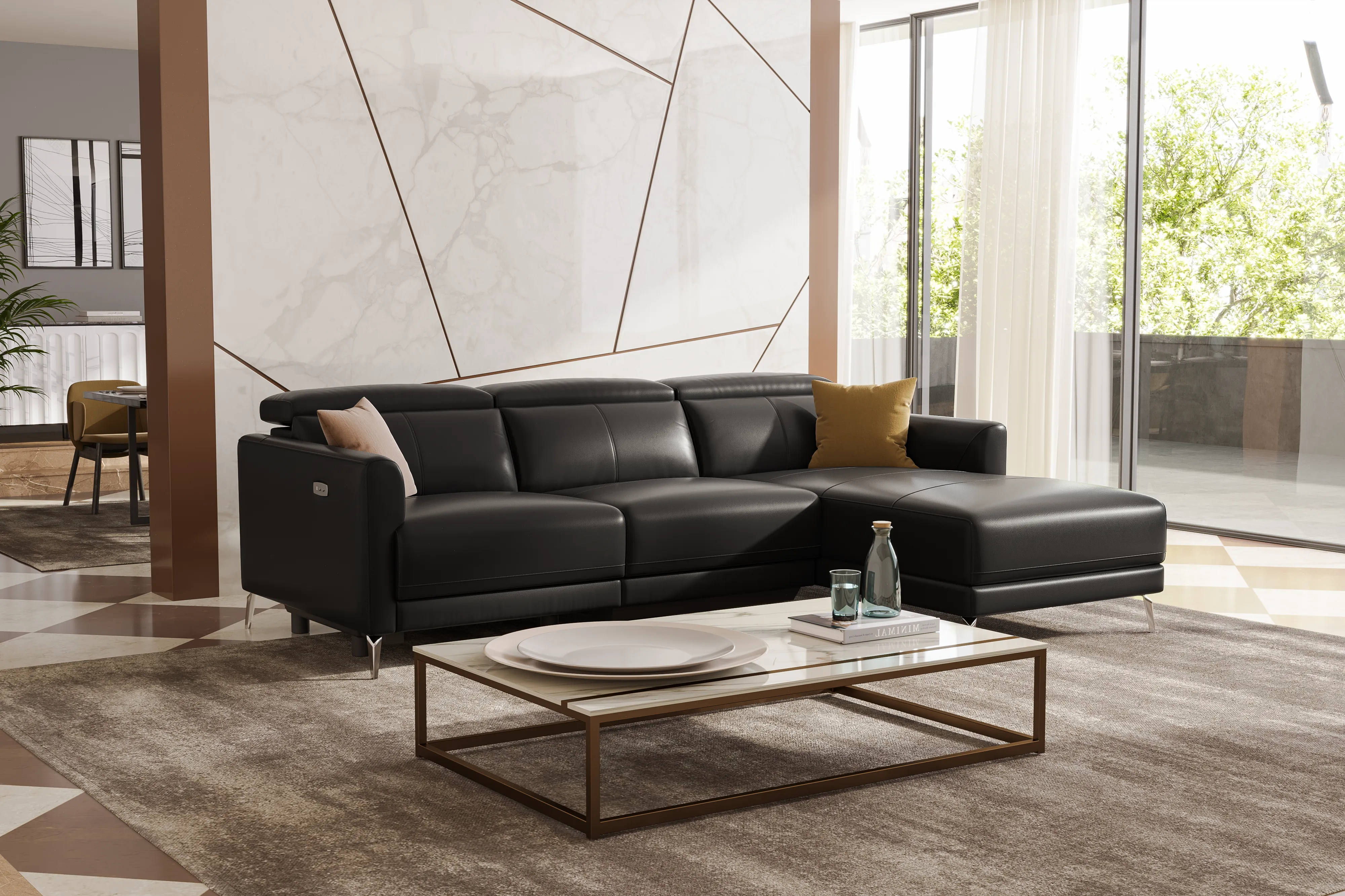 Valencia Andria Modern Right Hand Facing Top Grain Leather Reclining Sectional Sofa, Black Color