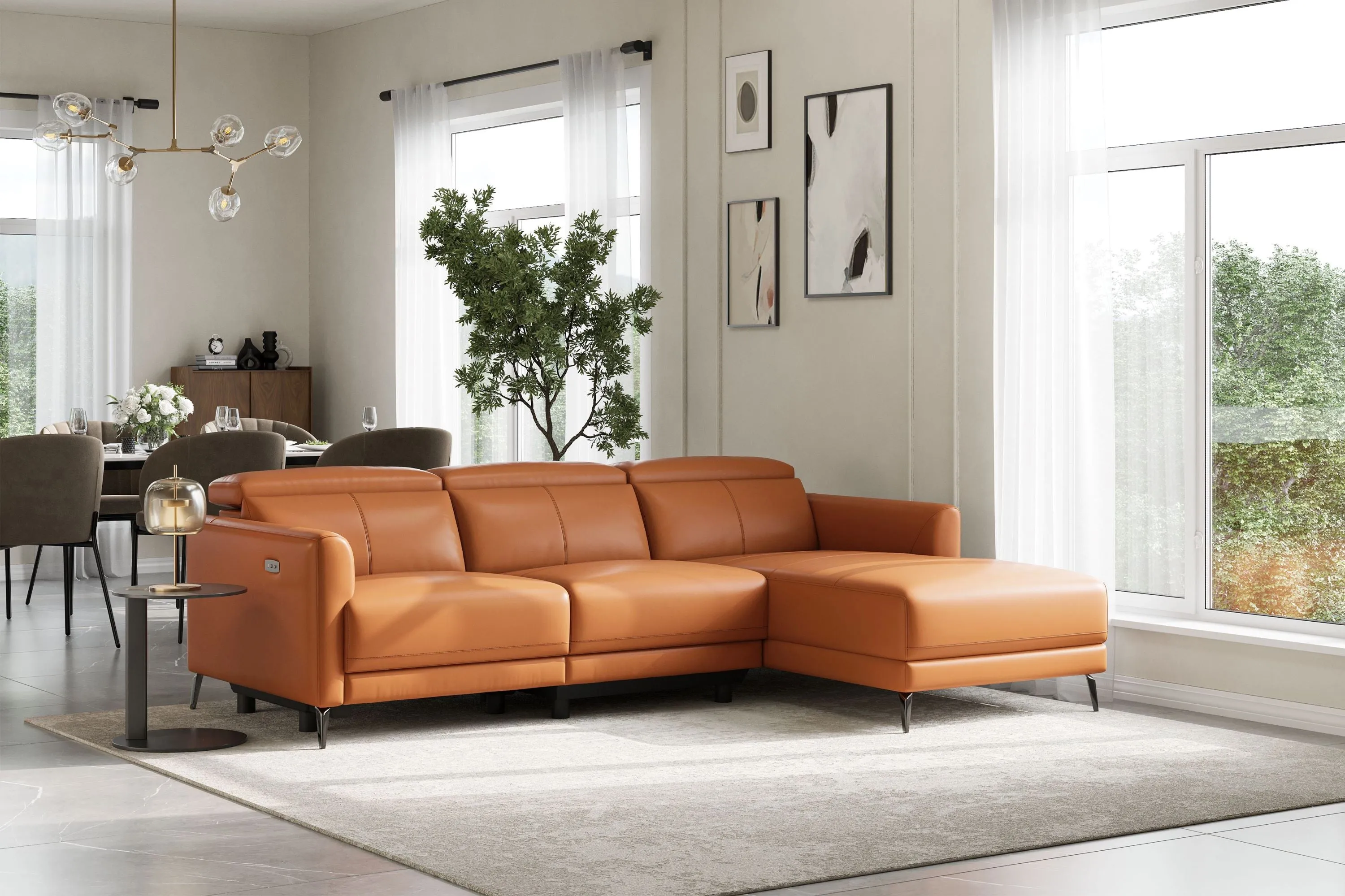 Valencia Andria Modern Right Hand Facing Top Grain Leather Reclining Sectional Sofa, Cognac Color