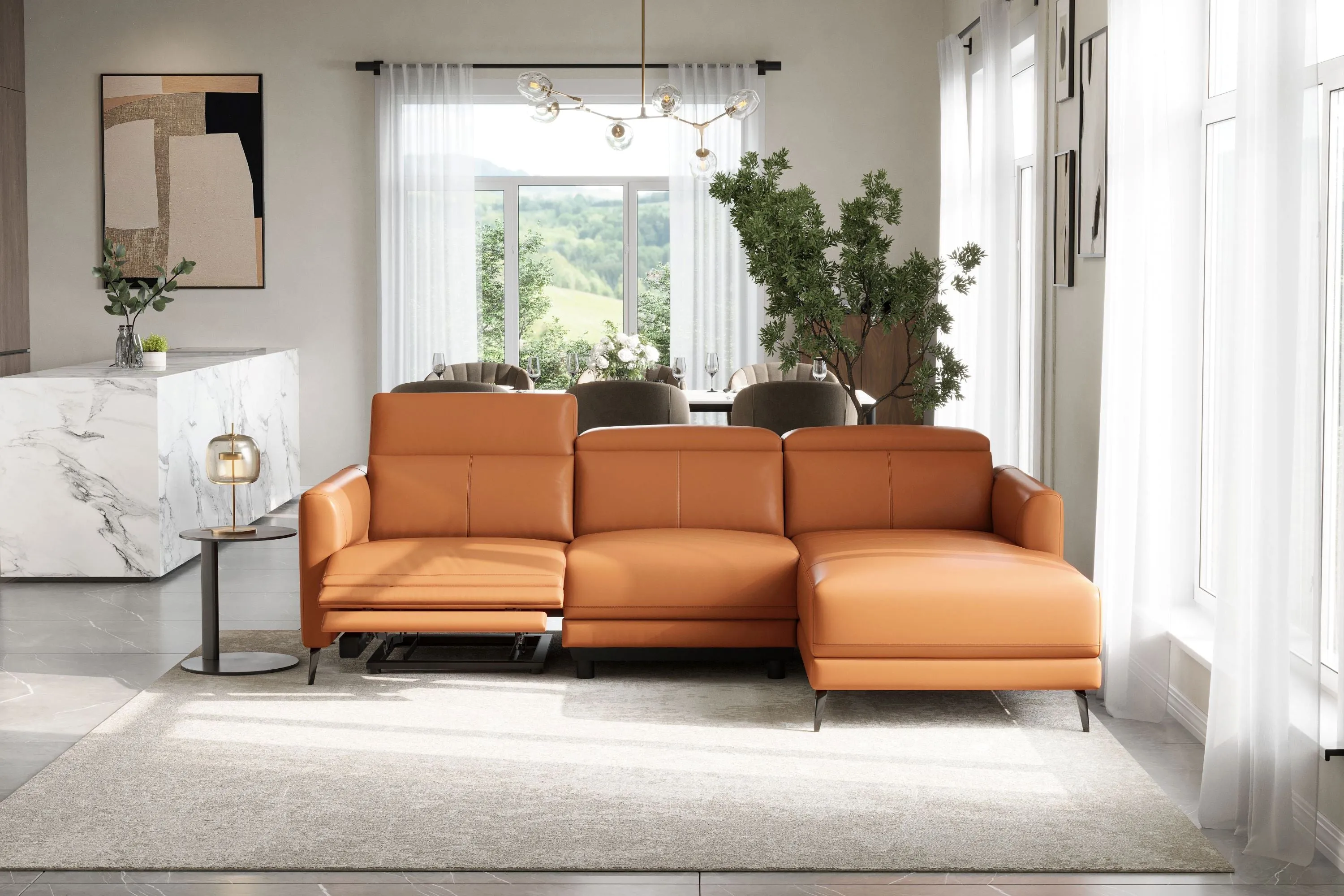 Valencia Andria Modern Right Hand Facing Top Grain Leather Reclining Sectional Sofa, Cognac Color