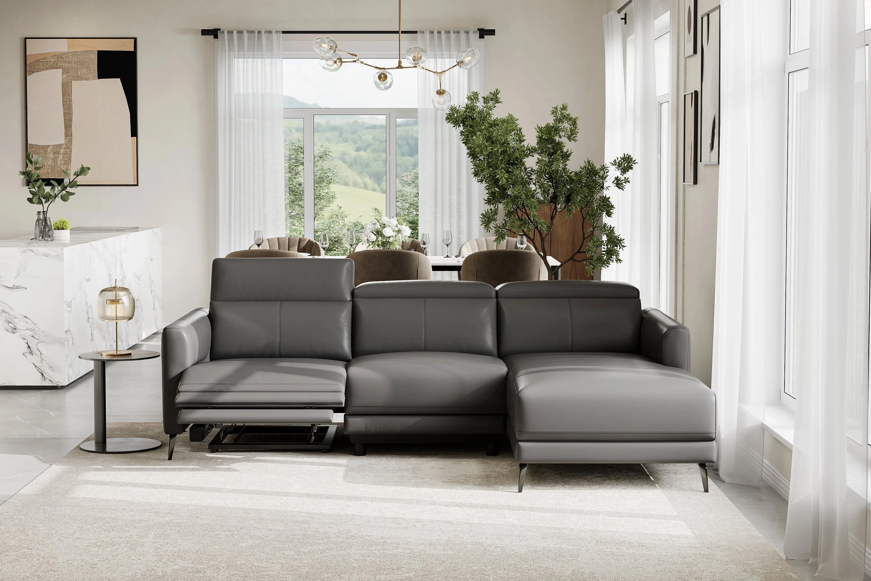 Valencia Andria Modern Right Hand Facing Top Grain Leather Reclining Sectional Sofa, Grey Color