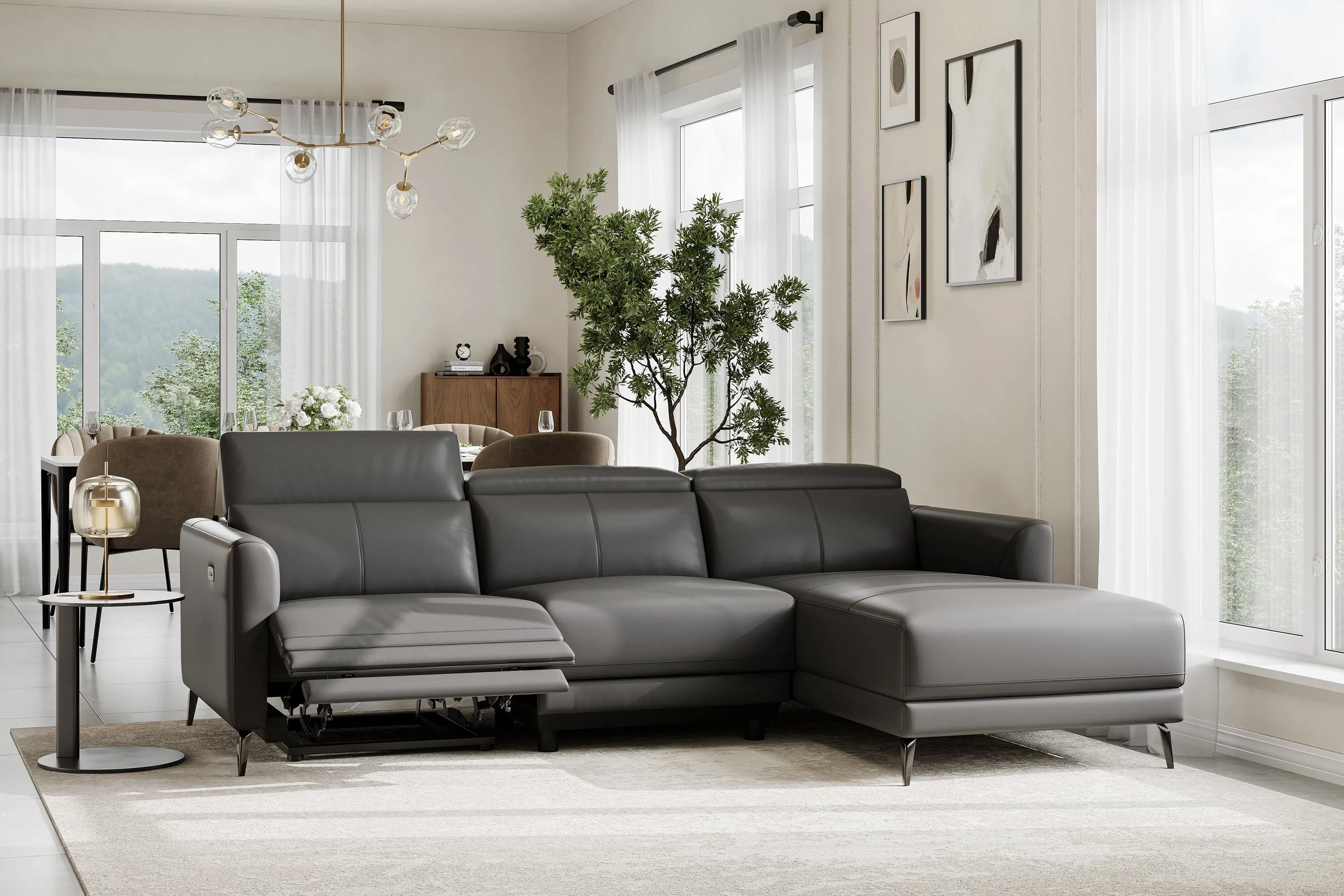 Valencia Andria Modern Right Hand Facing Top Grain Leather Reclining Sectional Sofa, Grey Color