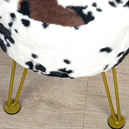 Warmaxx Cow Print Faux Fur Ottoman Soft Fuzzy Entryway Bench Seat, 13"x13"x17" Round Sturdy Accent Coffee Table for Living Room Make Up Vanity Shoe Stool with Golden Legs for Bedroom Closet Foot Rest