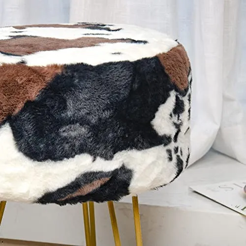 Warmaxx Cow Print Faux Fur Ottoman Soft Fuzzy Entryway Bench Seat, 13"x13"x17" Round Sturdy Accent Coffee Table for Living Room Make Up Vanity Shoe Stool with Golden Legs for Bedroom Closet Foot Rest