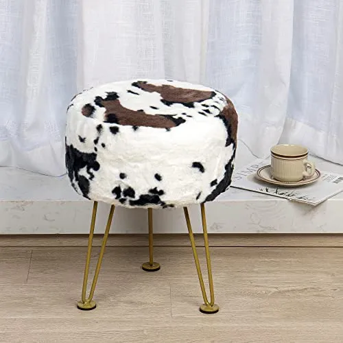 Warmaxx Cow Print Faux Fur Ottoman Soft Fuzzy Entryway Bench Seat, 13"x13"x17" Round Sturdy Accent Coffee Table for Living Room Make Up Vanity Shoe Stool with Golden Legs for Bedroom Closet Foot Rest