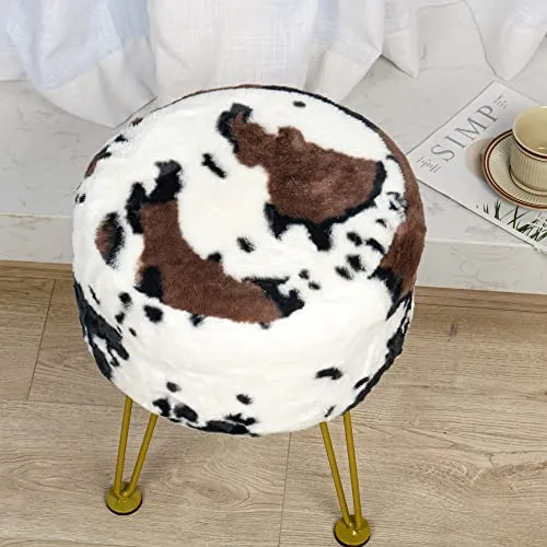 Warmaxx Cow Print Faux Fur Ottoman Soft Fuzzy Entryway Bench Seat, 13"x13"x17" Round Sturdy Accent Coffee Table for Living Room Make Up Vanity Shoe Stool with Golden Legs for Bedroom Closet Foot Rest