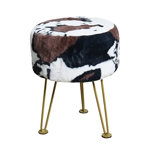 Warmaxx Cow Print Faux Fur Ottoman Soft Fuzzy Entryway Bench Seat, 13"x13"x17" Round Sturdy Accent Coffee Table for Living Room Make Up Vanity Shoe Stool with Golden Legs for Bedroom Closet Foot Rest