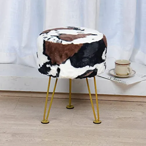 Warmaxx Cow Print Faux Fur Ottoman Soft Fuzzy Entryway Bench Seat, 13"x13"x17" Round Sturdy Accent Coffee Table for Living Room Make Up Vanity Shoe Stool with Golden Legs for Bedroom Closet Foot Rest