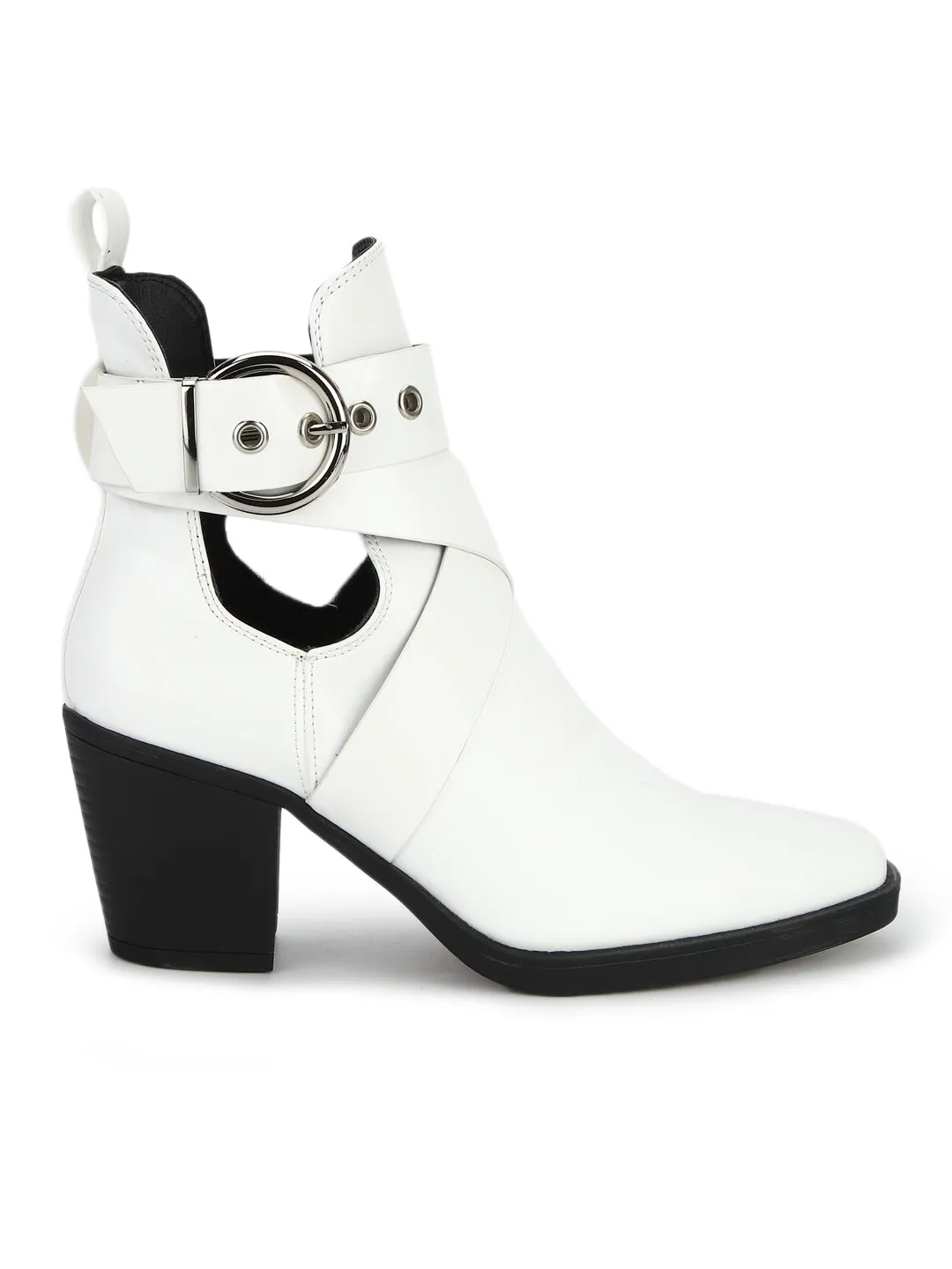 White Box Ankle Buckle Belt Block Heel Ankle Boots