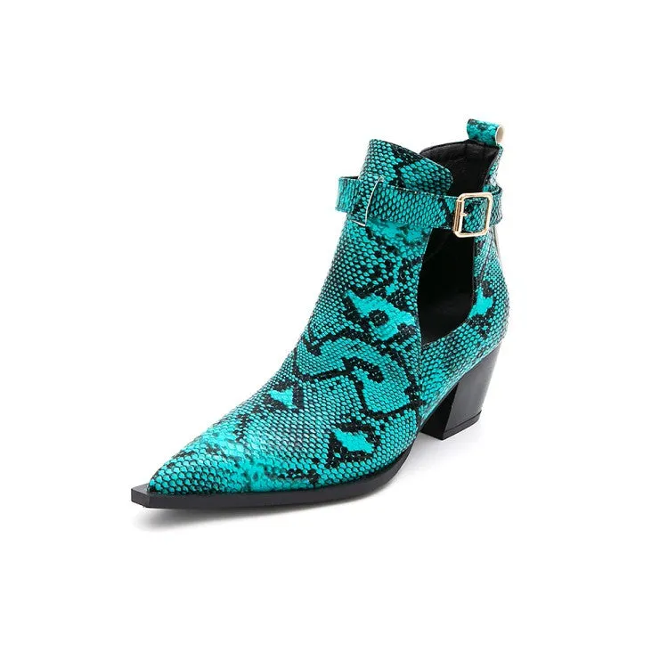 Women's Serpentinite Pointed Toe Buckle Straps Block Chunky Heel Short Boots