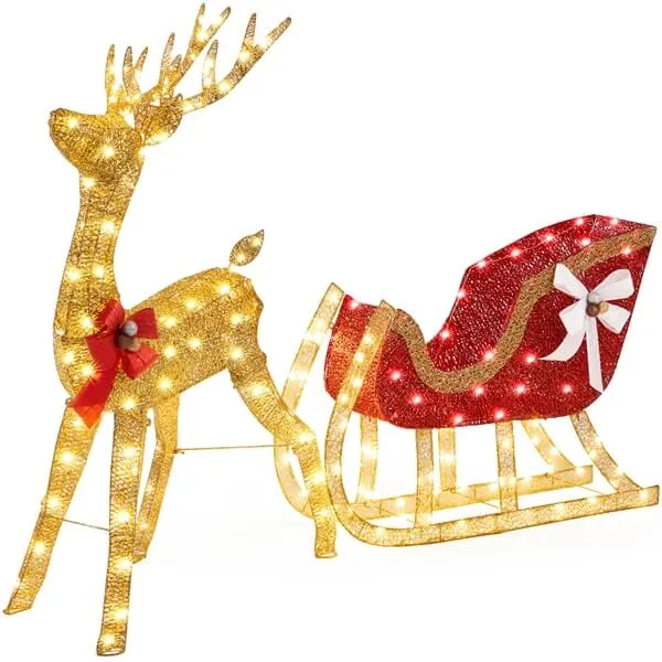 Yaheetech 4ft Lighted Christmas Reindeer & Santa Sleigh Set