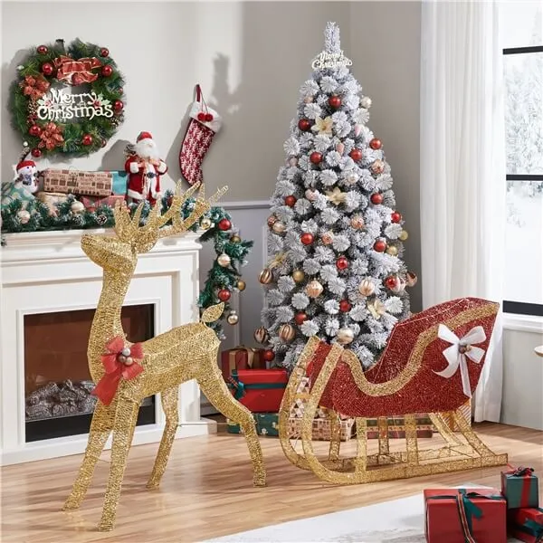 Yaheetech 4ft Lighted Christmas Reindeer & Santa Sleigh Set