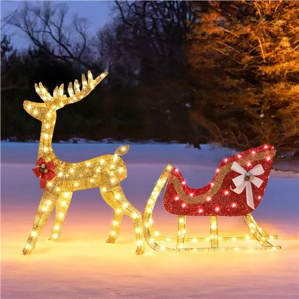 Yaheetech 4ft Lighted Christmas Reindeer & Santa Sleigh Set