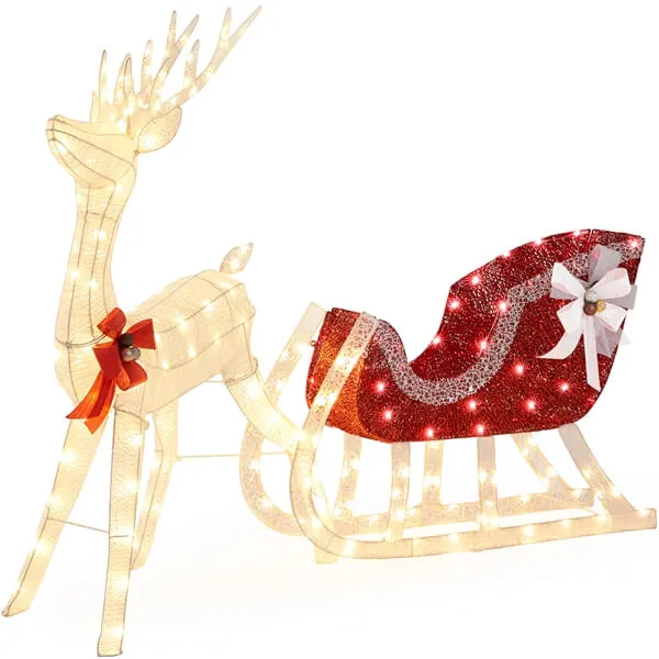 Yaheetech 4ft Lighted Christmas Reindeer & Santa Sleigh Set